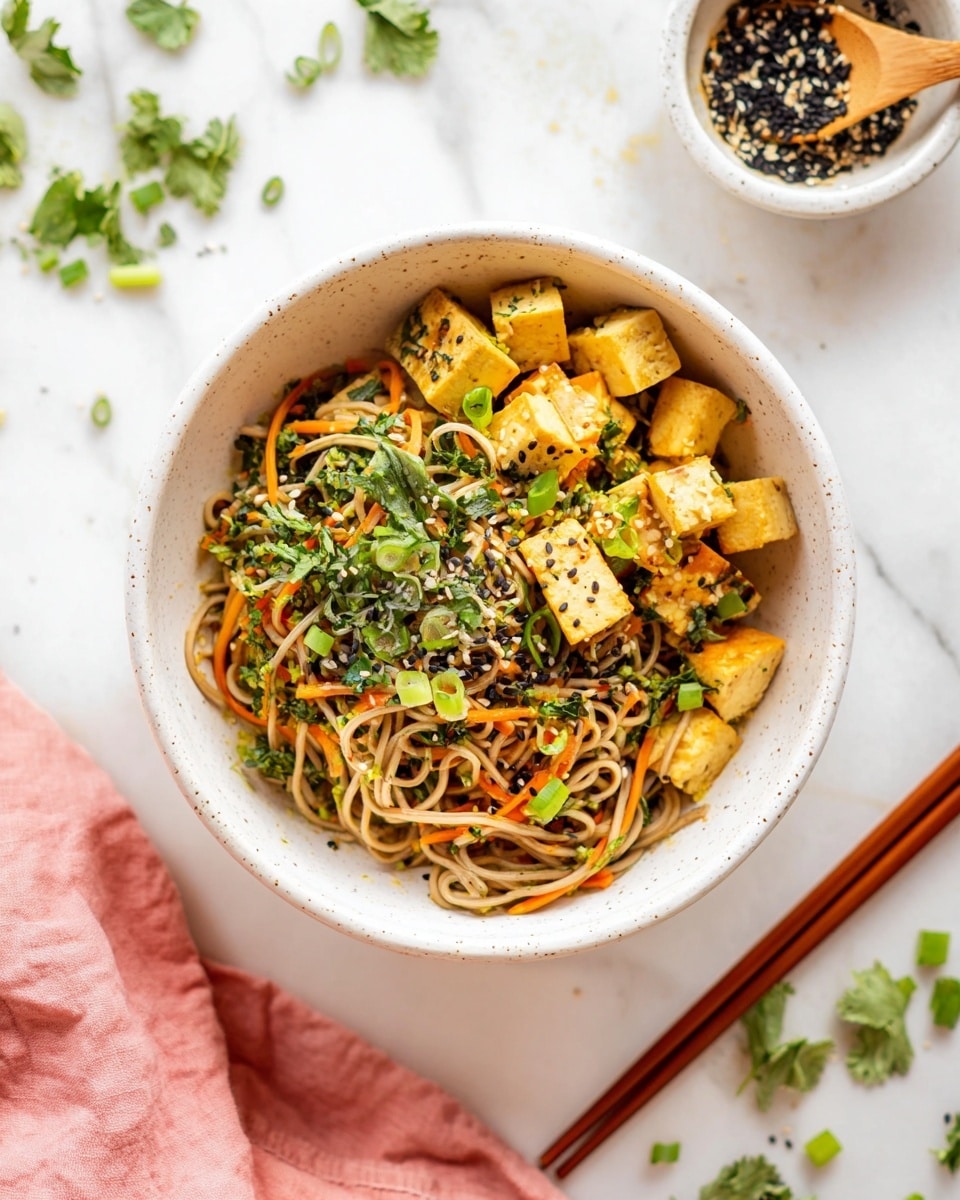 In a white bowl with small dark specks, there is a dish with three main layers: the base layer consists of thin, long noodles that are light brown and softly twisted, mixed with thin orange carrot strips; the middle layer has light yellow tofu cubes scattered evenly around the noodles; the top layer is fresh green herbs and chopped green onions sprinkled with small black sesame seeds, adding texture and color contrast. The bowl sits on a white marbled surface with green herb leaves scattered around and a small wooden spoon dipping into black sesame seeds in a nearby white bowl, next to a pair of brown wooden chopsticks. A pink cloth is partly visible at the bottom left. photo taken with an iphone --ar 4:5 --v 7