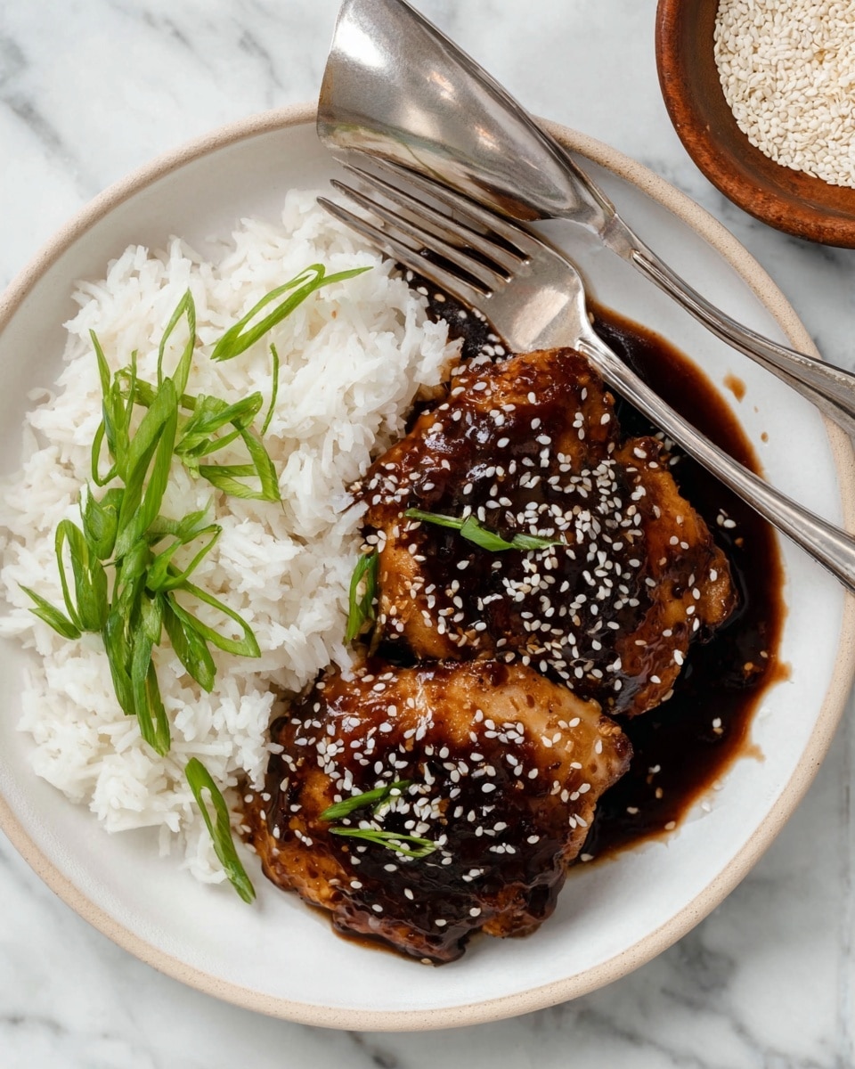 A white plate sits on a white marbled surface with two pieces of brown glazed chicken on the right side. The chicken is covered in a shiny dark brown sauce and sprinkled with white sesame seeds. On the left side of the plate is a serving of white rice with some dark sauce mixing into it. Bright green sliced scallions are placed above the rice. A silver fork and spoon rest on the top edge of the plate. In the top right corner of the image, part of a small brown bowl filled with white sesame seeds can be seen. Photo taken with an iphone --ar 4:5 --v 7