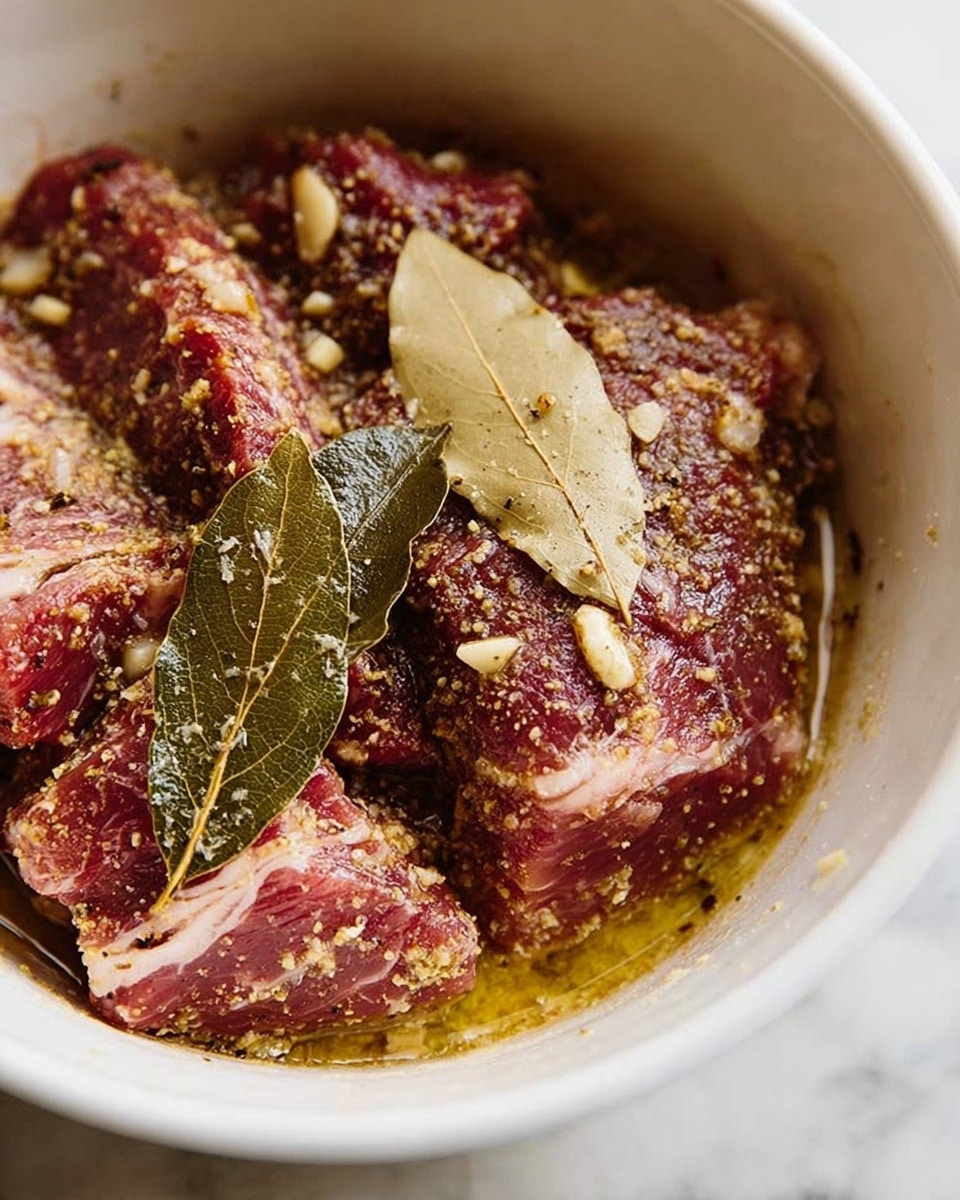The image shows a close-up of raw meat pieces marinating inside a white bowl. The meat has a red color with streaks of white fat running through it. Each piece is covered with a coarse mix of spices and herbs, including visible small chunks of garlic and cracked black pepper, adding texture. Two large dry bay leaves rest on top of the meat, and the marinade looks oily and seasoned, pooling slightly at the bottom. The white bowl has smooth edges and sits on a white marbled surface. photo taken with an iphone --ar 4:5 --v 7