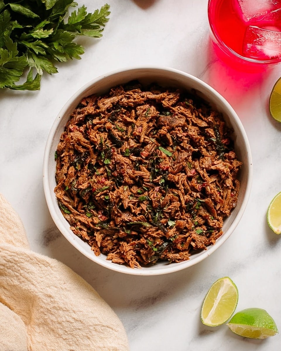 A white bowl filled with shredded brown meat mixed with small bits of green herbs, sitting on a white marbled surface. Around the bowl, there are two lime wedges on the top right and one on the bottom right. To the top left of the bowl, some green leafy herbs are placed next to a glass with red drink and ice cubes. A woman's hand holding the corner of a beige cloth napkin is visible at the bottom left corner of the image. photo taken with an iphone --ar 4:5 --v 7