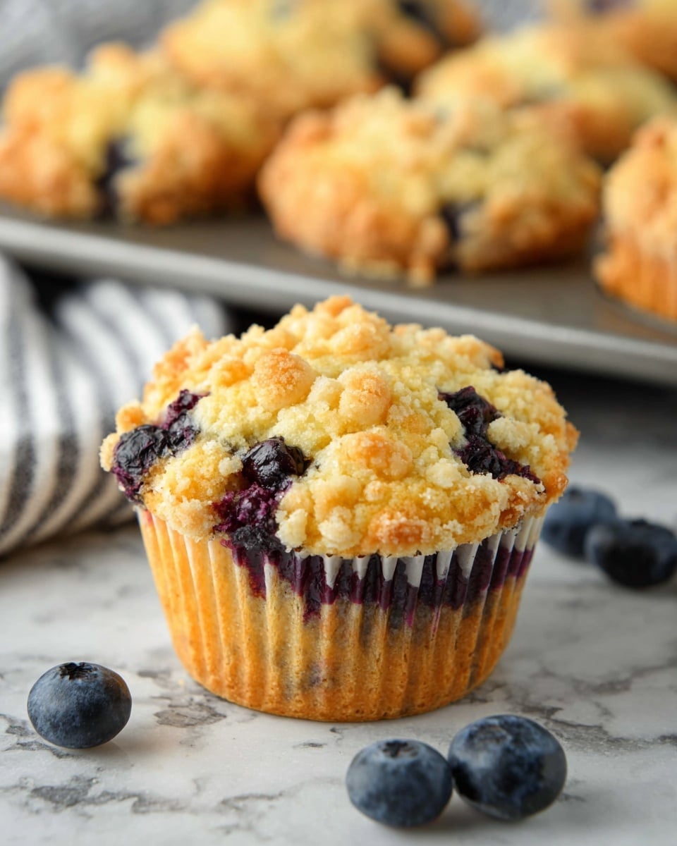 A close-up of a single blueberry muffin sits on a white marbled surface, showing three main layers: a light golden crumbly top layer with small golden-brown clusters, a middle layer with baked blueberries bursting with dark purple juice, and a soft, pale yellow bottom muffin base inside a ridged white paper liner. Around the muffin, a few fresh blueberries are scattered, some shiny and plump. In the blurry background, several more similar muffins rest on a metal baking tray. A white and gray striped cloth is placed near the muffin on the surface. photo taken with an iphone --ar 4:5 --v 7