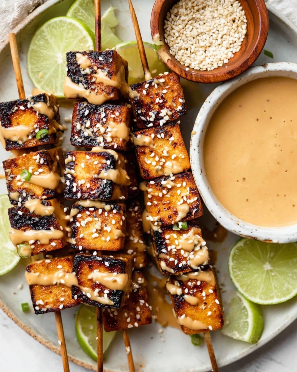 The image shows four skewers of grilled tofu cubes placed close together on a white plate with a white marbled surface. Each tofu cube is golden brown with some charred edges, and they are drizzled with a light tan sauce and sprinkled with white sesame seeds. Around the tofu skewers, there are green lime wedges adding a fresh color contrast. A small brown wooden bowl filled with more sesame seeds is positioned at the top edge of the plate. On the right side of the plate, there is a white bowl filled with a creamy tan dipping sauce. The overall scene is bright and clean, focusing on the detailed textures of the tofu and sesame seeds. photo taken with an iphone --ar 4:5 --v 7