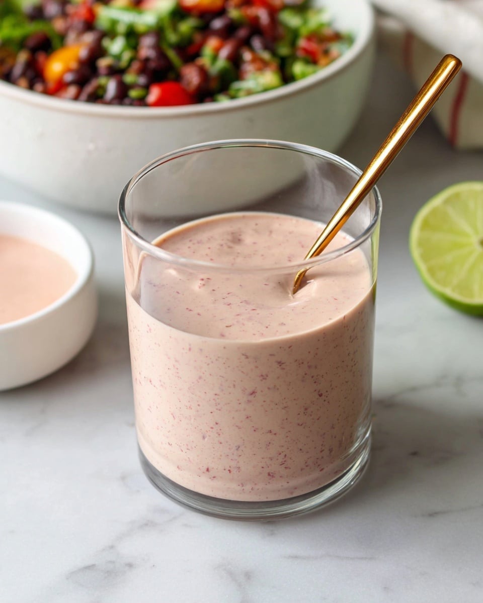 A clear glass filled almost to the top with a thick, creamy light pink sauce flecked with tiny darker pink and red specks. A shiny gold spoon stands inside the glass, leaning slightly to the right. In the background, there is a white bowl with a mix of colorful salad ingredients including black beans, red grape tomatoes, chopped greens, and a lime wedge on top. Also visible are a halved lime and a small white bowl with a similar pink sauce. Everything is placed on a white marbled surface. photo taken with an iphone --ar 4:5 --v 7
