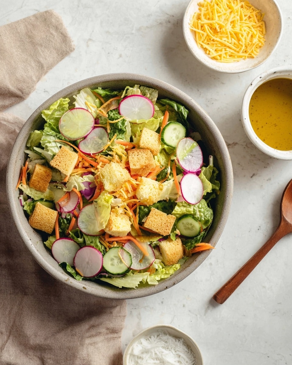 A fresh salad in a round grey bowl on a white marbled surface shows several layers and colors. The base layer is green leafy lettuce pieces scattered throughout, topped with thinly sliced light green cucumber rounds and pale pink radish slices with white centers. There are thin, bright orange carrot strips spread evenly. On top of the salad, there are light brown croutons placed in a scattered pattern and a sprinkle of yellow shredded cheese covering parts of the salad. To the right of the bowl is a wooden spoon resting inside it. Nearby, a white bowl holds more grated cheese, and a white dish at the bottom contains a mustard-colored dressing. Photo taken with an iphone --ar 4:5 --v 7