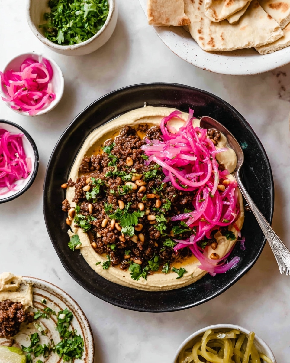The dish is served in a black bowl with a base layer of smooth, creamy beige hummus spread evenly across the bottom. The second layer is a pile of browned ground meat scattered generously on top of the hummus, creating a rough, crumbly texture. Over the meat, there is a vibrant layer of thin, pink pickled onions that add a pop of color and freshness. Small brown toasted pine nuts and bright green fresh parsley leaves are sprinkled on the dish for texture and color contrast. A silver spoon rests on the side of the bowl, partially dipped into the hummus. Surrounding the main bowl, there are small white side bowls with pickled onions, fresh herbs, and pita bread in a white bowl. The whole setting is on a white marbled surface. Photo taken with an iphone --ar 4:5 --v 7