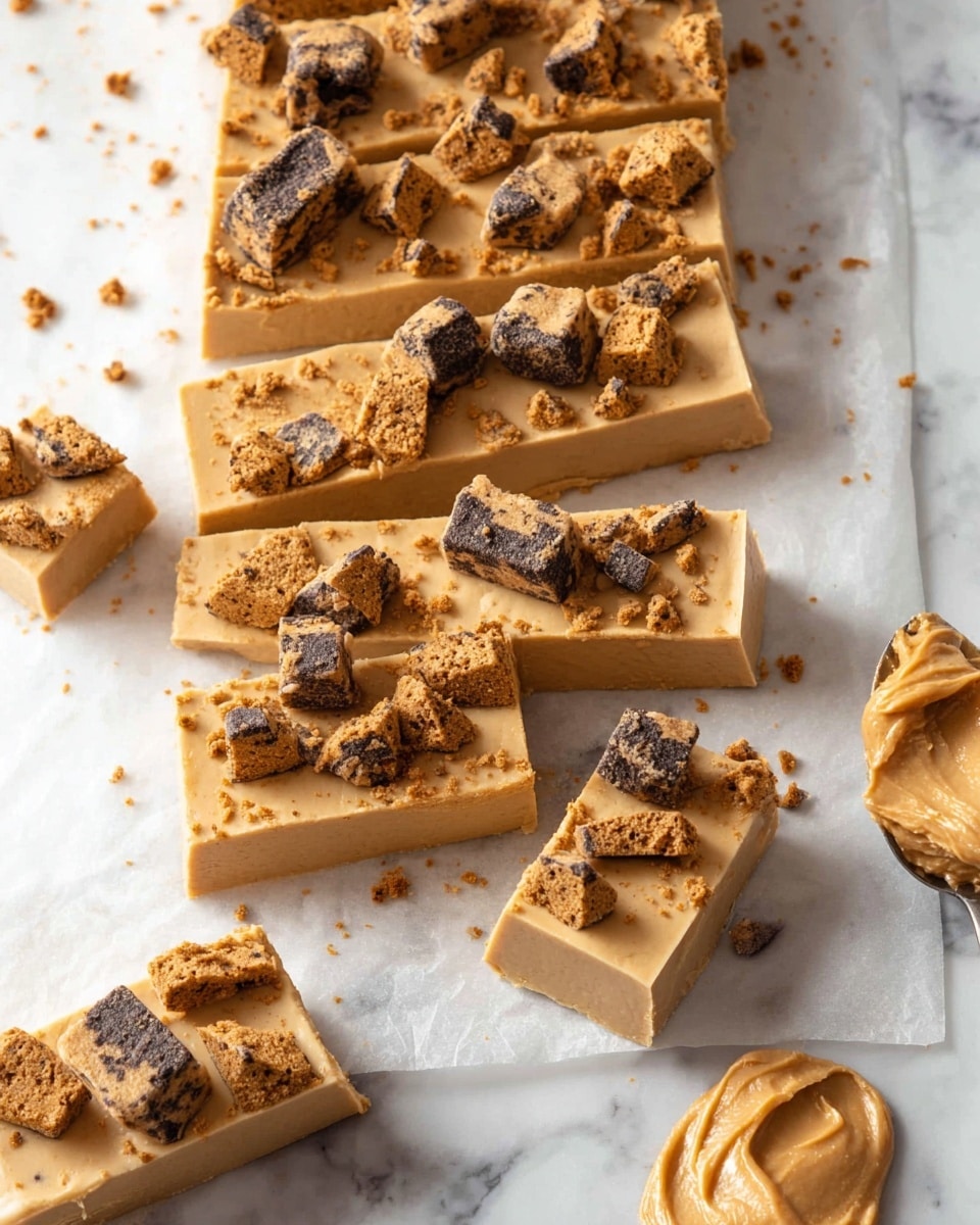 The image shows a dessert made of smooth, light brown bars and squares arranged on white parchment paper over a white marbled surface. The bars are thick and have a solid texture, topped with irregular chunks of darker brown cookie pieces scattered unevenly on the top layer. The pieces vary in size, adding a crunchy contrast to the creamy base. To the right, a spoon with a dollop of creamy, brown spread sits on the marble surface, reinforcing the dessert’s rich flavor. photo taken with an iphone --ar 4:5 --v 7