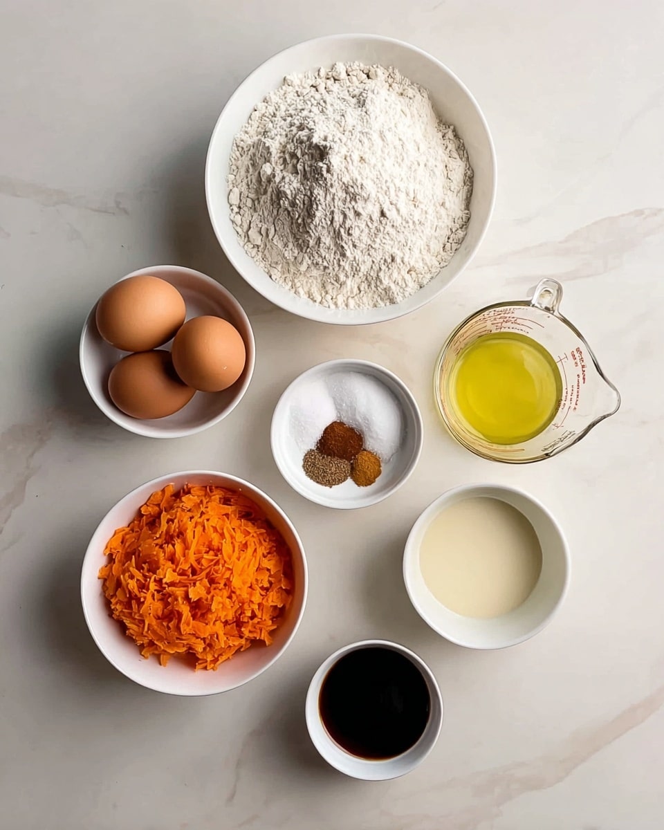 The image shows seven white bowls and a glass measuring cup arranged on a white marbled surface. The top bowl holds a large amount of white flour with small piles of brown spices on one side. Below it, there is a small white bowl with white and brown sugar mixed together, and next to it is a glass measuring cup filled with a clear yellow liquid. Below these, a white bowl contains two whole brown eggs. To the left, a larger white bowl is filled with bright orange shredded carrot. Near the bottom, a white bowl slightly smaller in size holds a creamy light liquid, and finally, a small white bowl at the very bottom contains a dark thick liquid. Photo taken with an iphone --ar 4:5 --v 7