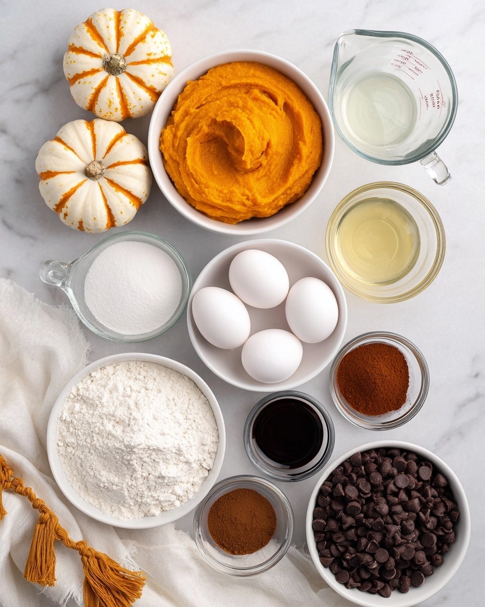 The image shows a top view of various baking ingredients neatly arranged on a white marbled surface. There are two small pumpkins in the top left corner, one white with orange stripes and one orange. Below them, a white bowl filled with smooth, bright orange pumpkin puree is placed. To its right, a clear glass measuring cup holds a light golden liquid. Next to that, a white bowl is filled with fine white sugar. Below these, four white eggs are grouped together. Around them, there are small metal bowls containing white salt, white baking soda, brown cinnamon powder, and dark vanilla extract. A large clear glass bowl filled with white flour is placed at the bottom left, while a white bowl full of dark chocolate chips is positioned to the bottom right. A white cloth with mustard-colored tassels lies at the bottom edge of the image. Photo taken with an iphone --ar 4:5 --v 7