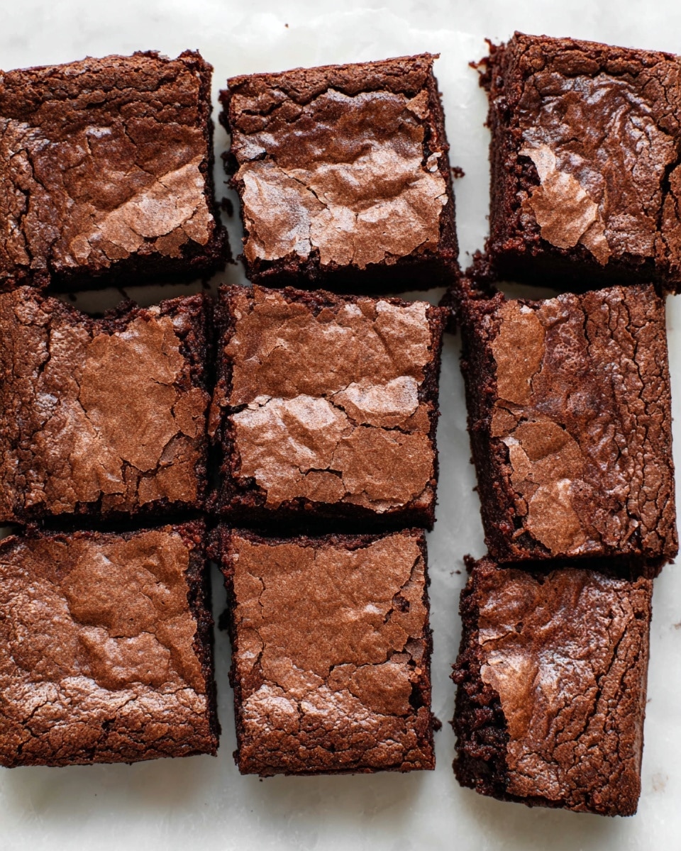 A square batch of dark brown brownies is cut into 16 pieces arranged close together on white marbled paper. The top layers have a cracked but slightly shiny texture, showing a thin, firm crust with a soft inside underneath. The brownies' edges are slightly rough and some pieces have small cracks along the sides. The rich chocolate color is consistent across all pieces with subtle uneven browning. The scene is lit softly from above, casting gentle shadows between the pieces, all on a white marbled surface photo taken with an iphone --ar 4:5 --v 7