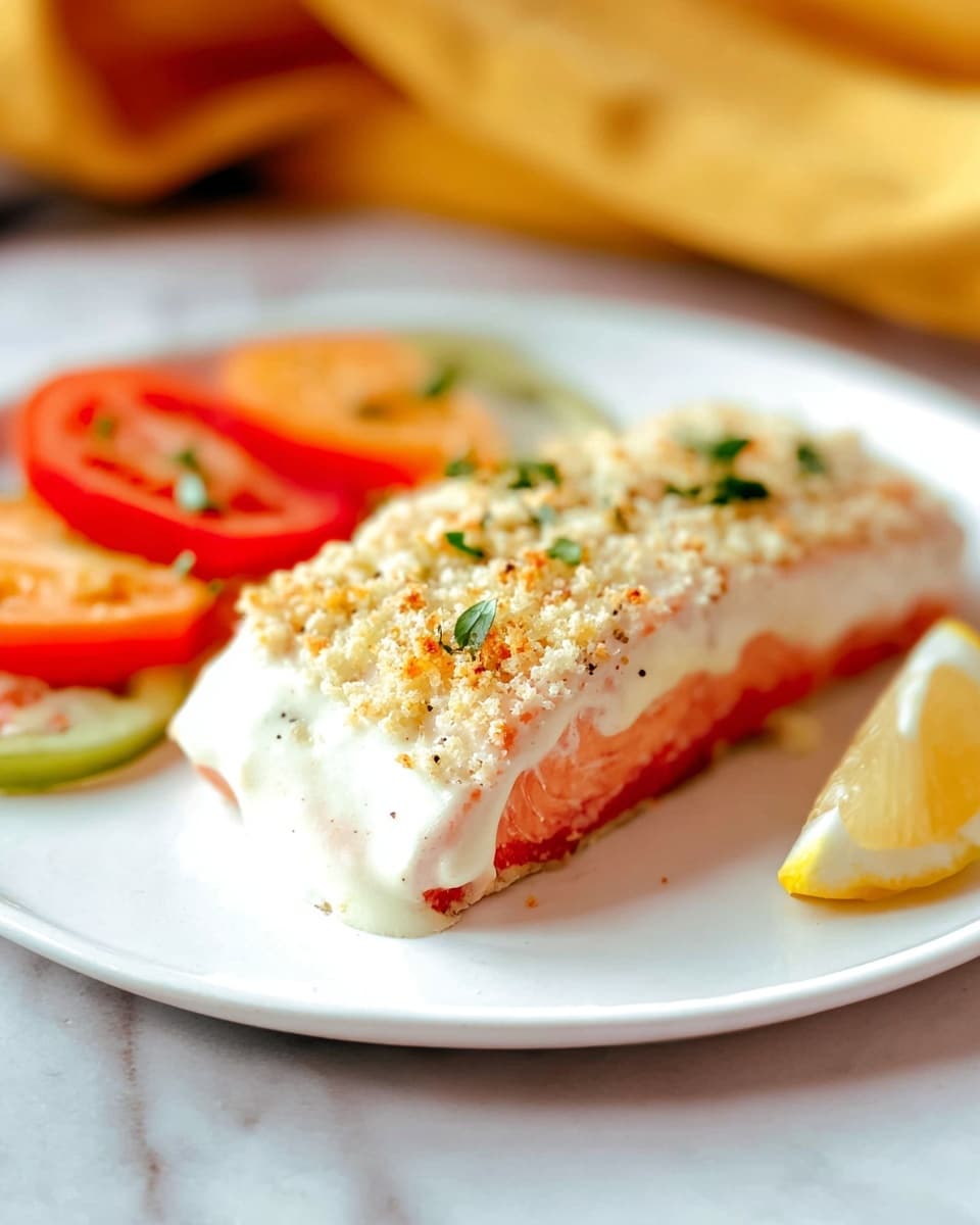 The dish shows a white plate with a piece of cooked salmon at the center, having three main layers: a pinkish-red base layer of salmon, topped with a thick, creamy white sauce layer, and sprinkled with small bits of green herbs and light golden breadcrumbs on top. On the left side of the plate, there are round slices of tomato in orange and green colors, with small red bits on them. On the right side, there is a lemon wedge. The whole setting is on a white marbled surface, and in the soft background, a blurred yellow cloth is visible. Photo taken with an iphone --ar 4:5 --v 7