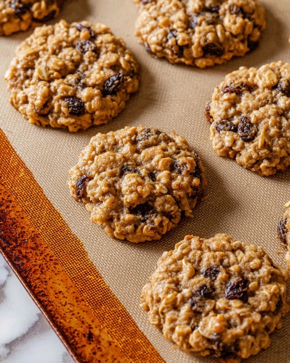 A close-up view of several round oatmeal raisin cookies resting on a baking tray covered with a brown silicone baking mat. Each cookie is textured with visible oats and dark raisins mixed throughout, giving a bumpy and uneven look. The surface beneath the mat has a worn, slightly rusty appearance, showing spots of orange and brown. The cookies are light brown with darker brown raisins scattered inside each one, arranged in no strict order. The background has a white marbled texture. photo taken with an iphone --ar 4:5 --v 7