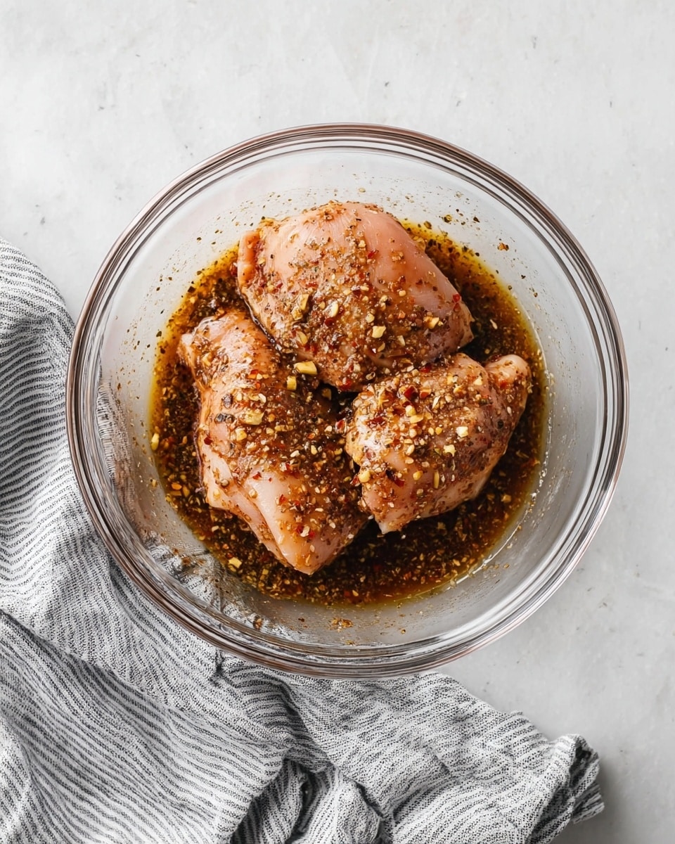 A clear glass bowl sits on a white marbled surface, holding three raw chicken pieces covered in a dark brown marinade. The marinade has visible herbs and small bits of garlic or spices scattered on and around the chicken. To the side of the bowl is a crumpled gray cloth with white stripes, adding texture to the scene. The chicken pieces are smooth and shiny, showing they are well-coated with the liquid mixture photo taken with an iphone --ar 4:5 --v 7