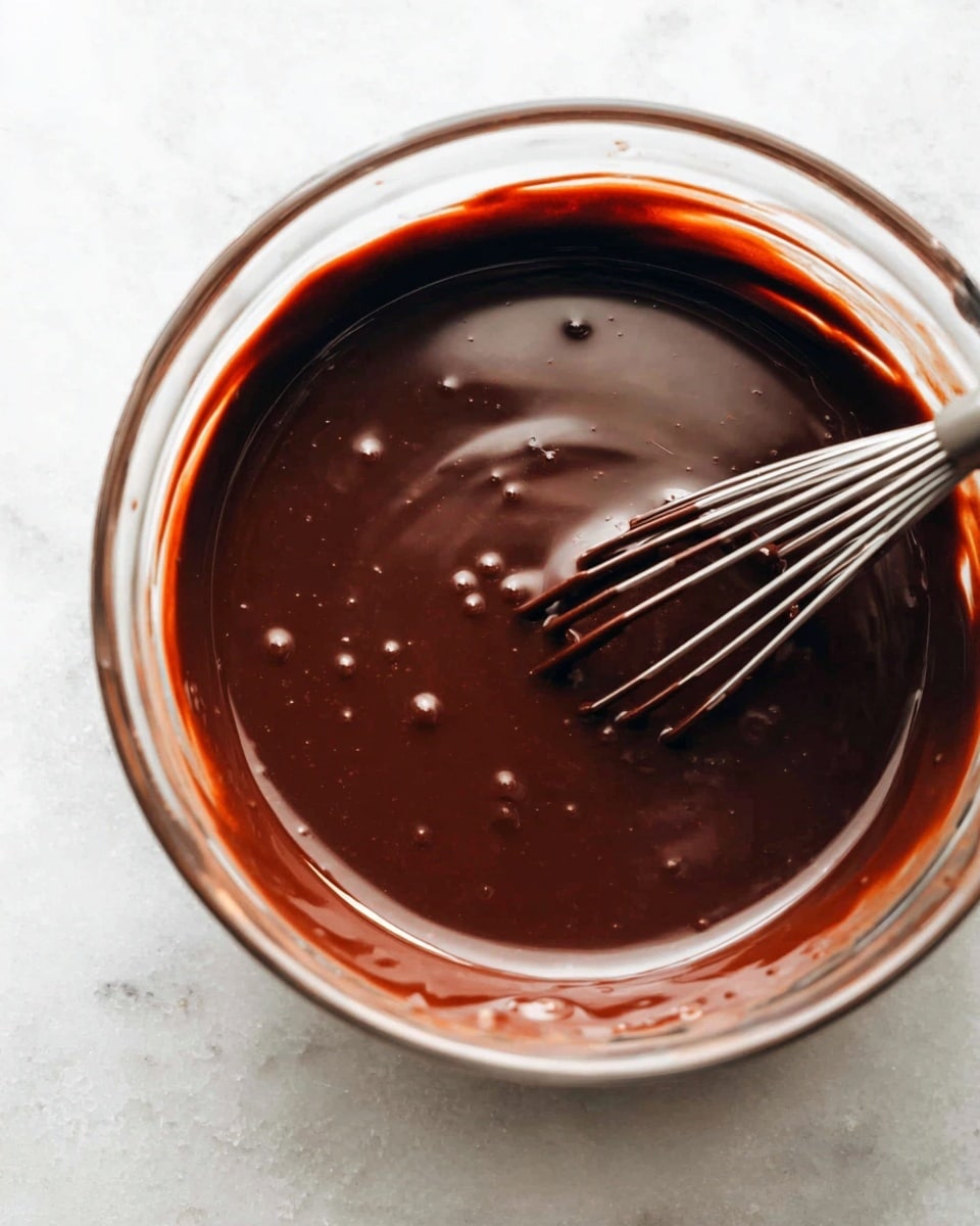 A clear glass bowl filled with smooth, dark brown chocolate liquid swirling gently, with a whisk inside stirring the glossy mixture. The liquid has a shiny, thick texture with small bubbles near the surface and some chocolate splashes on the sides of the bowl. The bowl is placed on a white marbled surface, giving a clean and bright look. Photo taken with an iphone --ar 4:5 --v 7