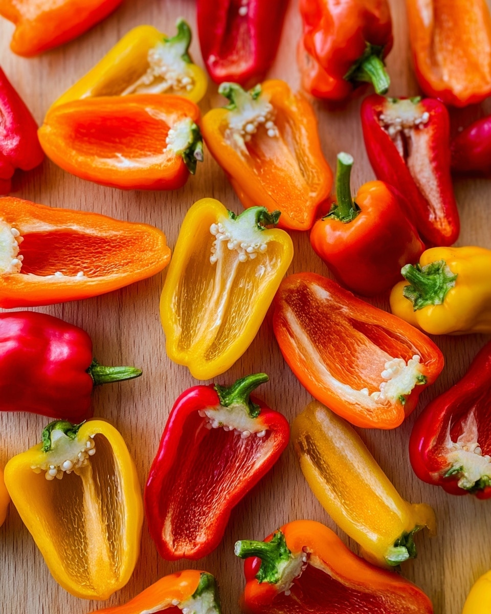 The image shows many halved mini bell peppers scattered on a light wooden surface. Each pepper is brightly colored in shades of red, orange, and yellow, with a smooth, shiny outer skin and visible white seeds inside. The pepper halves have green stems attached, and their interiors show a slightly bumpy texture with seeds clustered mostly near the top. The peppers are arranged randomly, some overlapping, giving a fresh and vibrant look. photo taken with an iphone --ar 4:5 --v 7