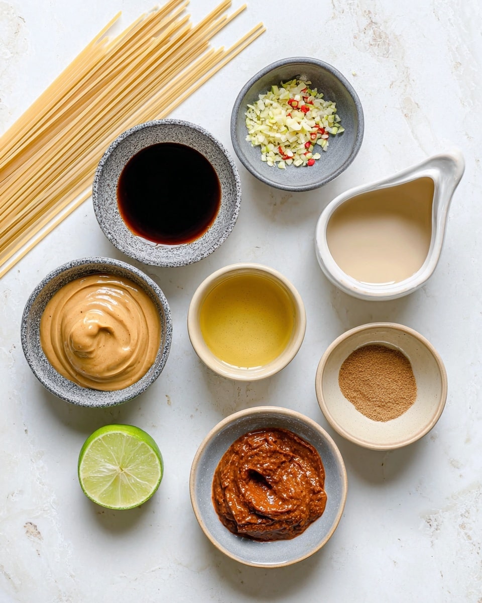 The image shows eight small bowls and a half lime arranged on a white marbled surface. The bowls hold different ingredients: a dark brown liquid in a speckled gray bowl at the top left; a smooth peanut butter-like tan spread in a dark gray bowl in the center; a finely chopped pale yellow garlic and red chili flakes mix in a small gray bowl at the top right; a light beige liquid in a white bowl with a small spout on the top right; a reddish-brown thick paste in a beige bowl with a white inside at the bottom center; a brown powder in a dark gray bowl to the right of the paste; a golden liquid in a small gray bowl near the center bottom left; and a light yellow liquid in a white bowl with a small spout on the middle left. Uncooked light-colored pasta sticks are placed diagonally at the top left. The half lime at the bottom left is bright green with a fresh juicy texture. Photo taken with an iphone --ar 4:5 --v 7