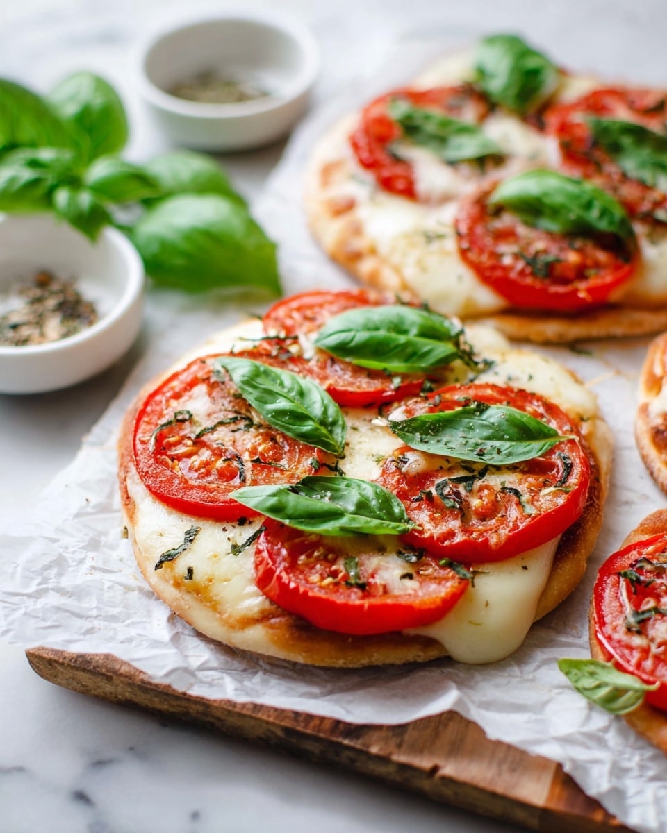 The image shows small round pizzas with three main layers: a light golden-brown crust at the bottom, a layer of melted white cheese in the middle, and bright red tomato slices on top. Fresh green basil leaves lay scattered on the tomatoes, adding a pop of color. The pizzas rest on white parchment paper placed on a wooden board, with a white marbled surface underneath. In the background, small white bowls with spices slightly out of focus add to the setting. Photo taken with an iphone --ar 4:5 --v 7