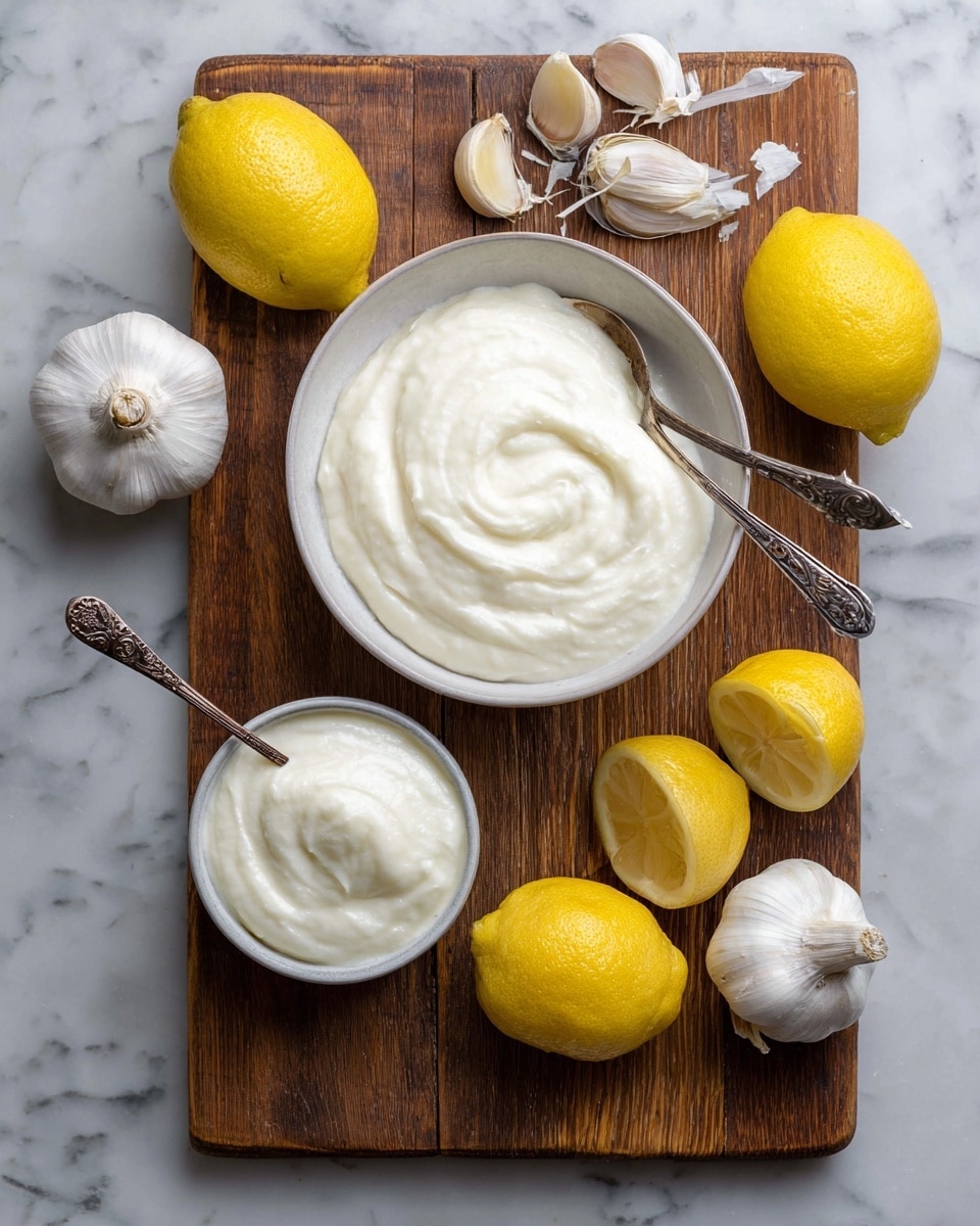Two white bowls on a wooden board, one larger and one smaller, both filled with smooth, creamy white sauce with a soft, whipped texture, each holding a vintage spoon inside. Around the bowls, there are three whole bright yellow lemons and two half-cut lemons showing their juicy interior. Three whole garlic bulbs with white outer skin rest on the board, along with an empty tarnished silver spoon. The entire setup is on a surface with a white marbled texture. Photo taken with an iphone --ar 4:5 --v 7