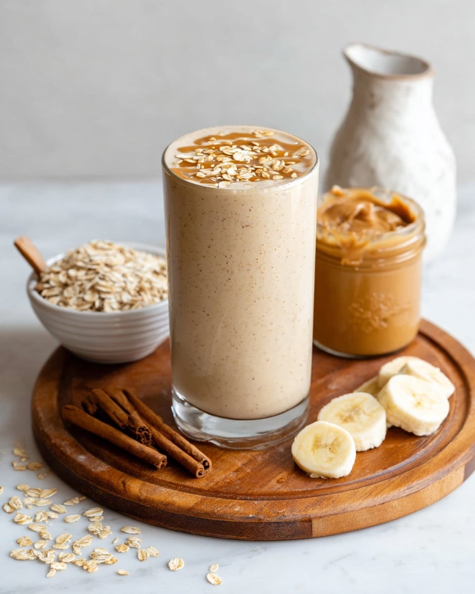 A tall clear glass filled with a thick beige smoothie, topped with scattered oats and a drizzle of caramel-colored sauce. The glass sits on a round wooden board along with a small white bowl full of oats, a jar of light brown creamy spread with a wooden stick inside, two cinnamon sticks, a few banana slices, and a white speckled pitcher with milk, all placed on a white marbled surface. Photo taken with an iphone --ar 4:5 --v 7