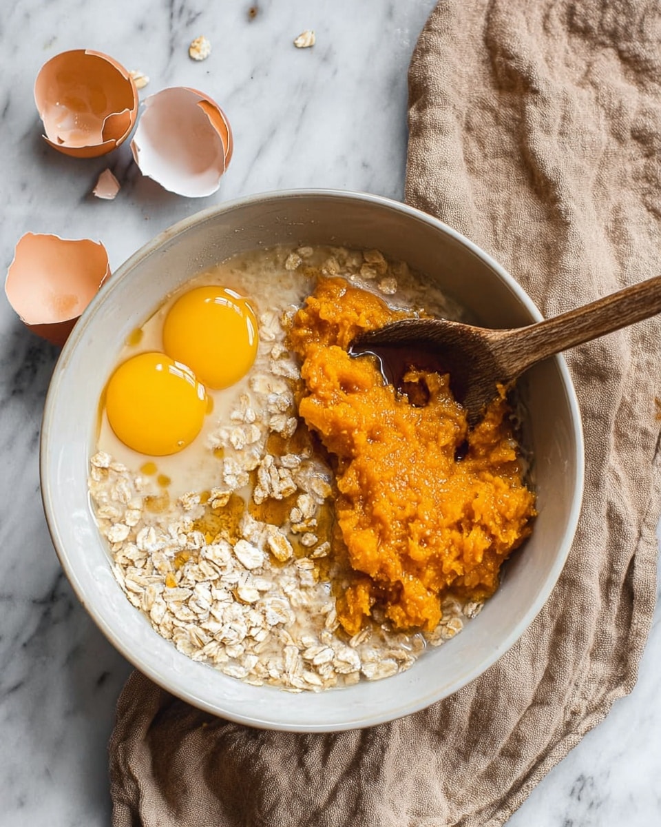 A white bowl filled with layers of ingredients from above: at the bottom, light beige rolled oats soaked in a milky white liquid; two bright yellow egg yolks sit side by side on the left; a heap of thick, bright orange mashed pumpkin sits on the right; golden brown syrup is drizzled near the top next to a wooden spoon resting inside the bowl; the bowl sits on a soft beige cloth with cracked eggshells in the background on a white marbled surface. Photo taken with an iphone --ar 4:5 --v 7