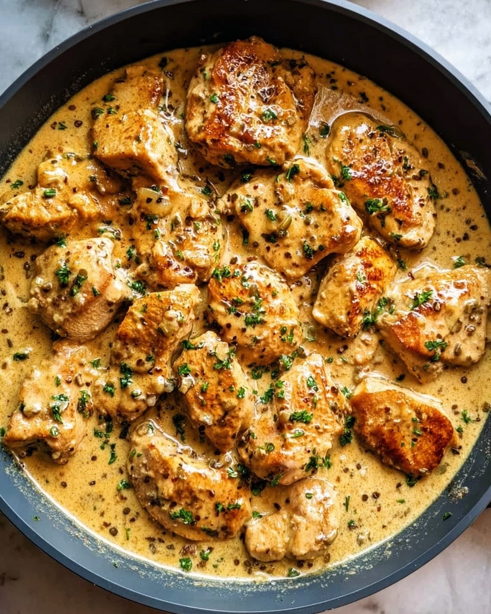 The image shows a dark pan filled with many light golden-brown cooked chicken pieces layered closely together. The chicken is covered in a creamy light brown sauce with specks of green herbs and pepper spread evenly across the dish. Small bits of green garnish are scattered on top, adding a fresh touch of color. The background is a white marble surface. Photo taken with an iphone --ar 4:5 --v 7