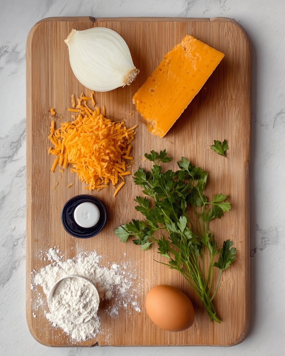 The image shows a wooden cutting board on a white marbled surface holding several cooking ingredients arranged neatly. At the top left is a half peeled white onion and to its right is a triangular block of orange cheese. Below the onion is a small pile of grated orange cheese. To the right of the grated cheese is a small bunch of fresh green parsley with detailed leaves. Near the bottom left corner is a small scoop of white flour with some flour sprinkled loose around it. At the bottom right corner is a single brown egg. There are also two small round containers, one with a black lid and the other with a white lid, placed between the grated cheese and the flour. photo taken with an iphone --ar 4:5 --v 7