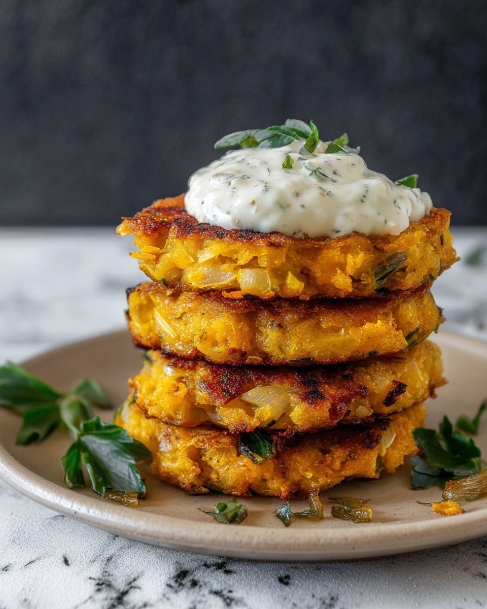 A stack of four golden orange patties with visible bits of onion and green herbs inside, each layer showing a slightly crispy and browned texture around the edges. The top patty is crowned with a dollop of white, creamy sauce speckled with green herbs. The stack sits on a white plate against a white marbled surface, with small green herb leaves and bits of sauce placed around the base of the stack. Photo taken with an iphone --ar 4:5 --v 7