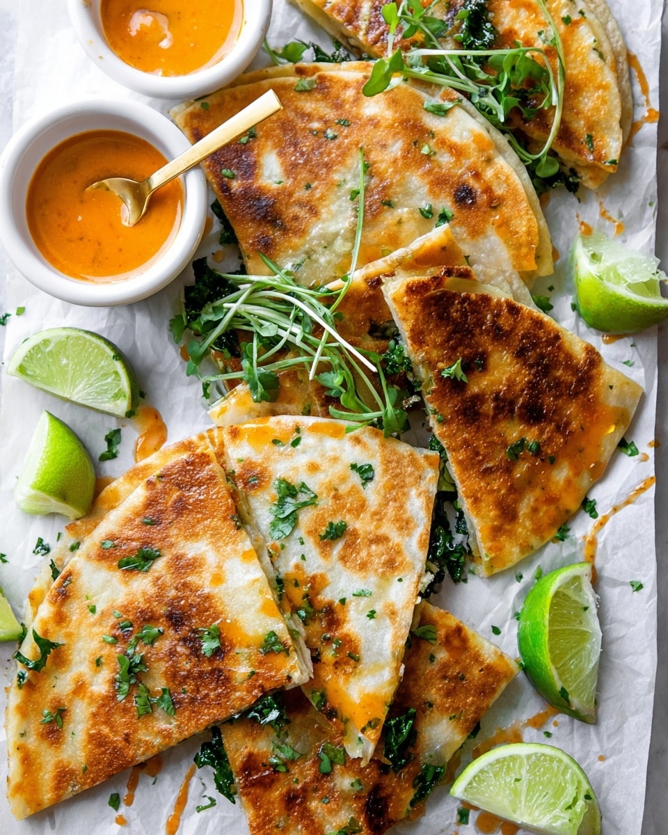 The image shows six folded quesadillas with a golden-brown, crispy outer layer, sprinkled with green chopped herbs and thin strips of leafy greens on top. They are placed on white paper resting on a white marbled surface. There are lime wedges scattered around the quesadillas with bright green skin and pale green inside. A white bowl with orange sauce and a gold spoon holding some more orange sauce sit near the top left corner. The quesadillas are arranged close together, some overlapping with small splashes of sauce on them. Photo taken with an iphone --ar 4:5 --v 7