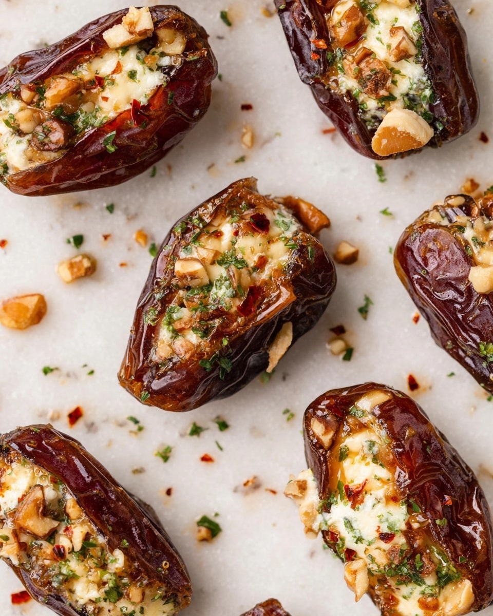 The image shows several stuffed dates on a white marbled surface, each date split open and filled with soft, melted cheese, topped with small pieces of chopped nuts and sprinkled with green herbs and red chili flakes, giving a mix of brown, creamy white, orange, green, and red colors. The dates have a glossy, wrinkled dark brown skin with a slightly sticky texture, and small drops of oil or honey can be seen around them, adding shine. The filling layers are creamy and chunky, contrasting with the smooth outer skin. The dates are scattered with some small crumbs and herbs around them. photo taken with an iphone --ar 4:5 --v 7