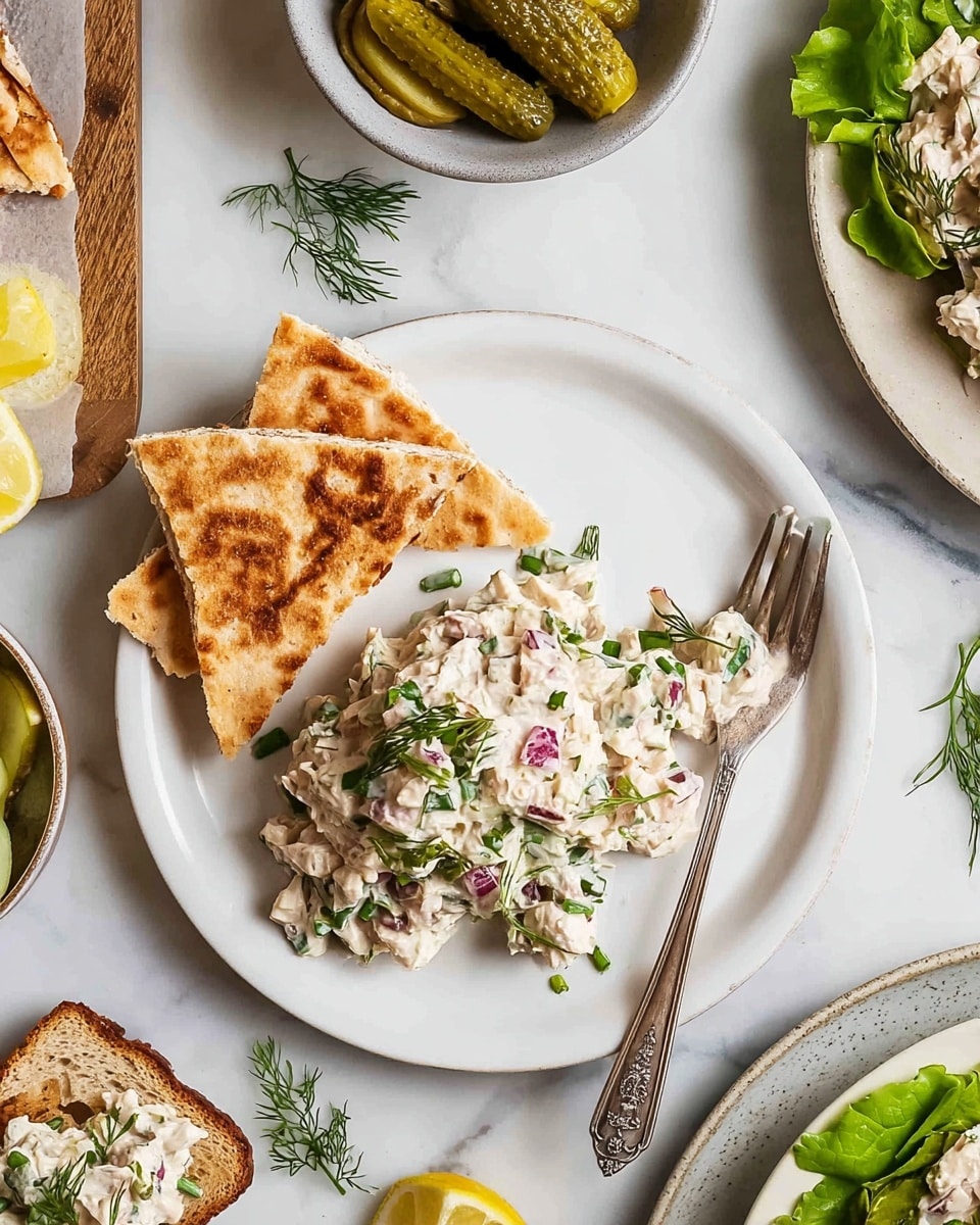 A small white plate sits on a white marbled surface, holding three pieces of golden-brown, crispy flatbread stacked with some overlap on the left side, and a creamy, chunky chicken salad mixed with green herbs and small bits of red onion on the right. A vintage silver fork rests diagonally on the plate, partly touching the salad. Surrounding the plate are scattered green herb sprigs, a sliced lemon wedge, a bowl with more creamy chicken salad, a small dish of pickles, and a partially visible toast topped with lettuce and chicken salad. photo taken with an iphone --ar 4:5 --v 7
