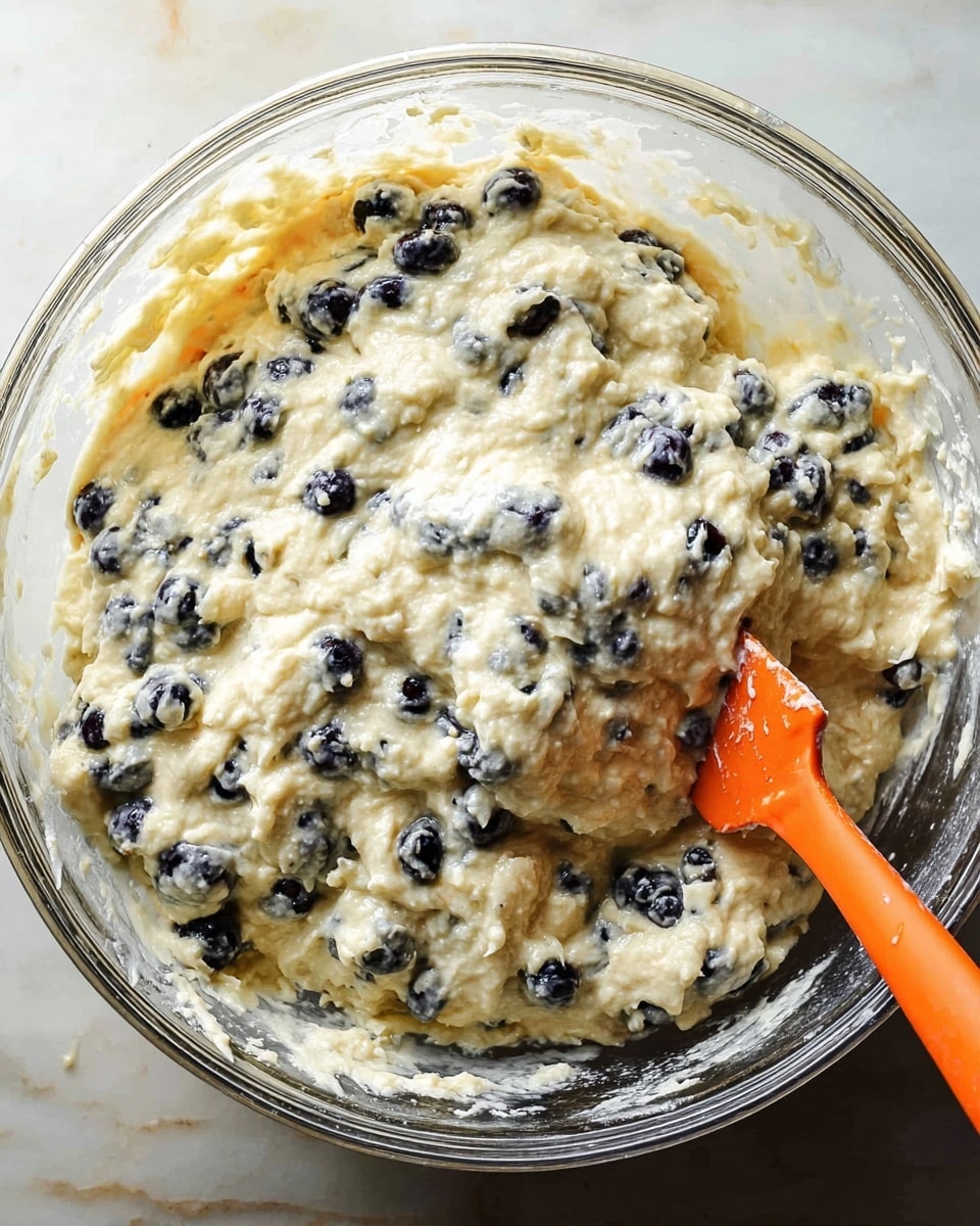 A clear glass bowl is filled with thick, creamy batter mixed with many dark blue blueberries spread evenly throughout. The batter has a pale yellow color with a lumpy texture. An orange spatula is partially submerged on the right side, mixing the batter. The bowl is placed on a white marbled surface. photo taken with an iphone --ar 4:5 --v 7