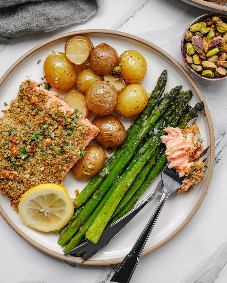 A white plate with three main layers: the bottom layer is a bed of bright green grilled asparagus arranged in parallel close to the top of the plate; the middle layer consists of shiny, roasted halved baby potatoes with golden to light brown skins placed next to the asparagus; the top layer is a large piece of salmon with a golden brown crust made from breadcrumbs and herbs, resting at the bottom of the plate with a slice of lemon on the side; a fork is holding a flaked portion of the pink salmon, showing its soft texture beneath the crust. The plate is on a white marbled surface with a small bowl of roasted pistachios nearby, and a black and silver fork rests on the plate. photo taken with an iphone --ar 4:5 --v 7
