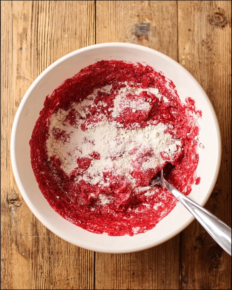 A white bowl filled with thick, red batter mixed unevenly with white flour, showing a rough texture where the flour is still not fully blended into the red liquid. The sides of the bowl have splashes of red batter, with a silver spoon partially submerged on the right side. The bowl sits on a wooden surface with visible grain and knots. Photo taken with an iphone --ar 4:5 --v 7