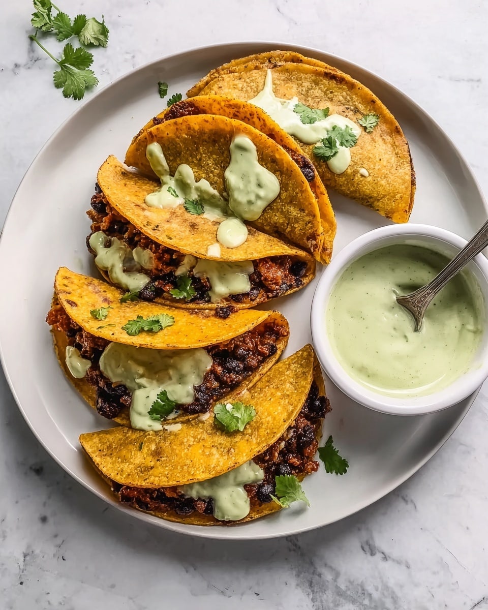 The image shows a white plate with four folded tacos arranged in a row, each taco shell golden brown and slightly crispy. Inside the tacos, there is a dark textured filling with visible bits of black beans and small pieces of reddish ingredients, likely vegetables or seasoning, creating a rich, uneven layer. On top of the tacos and drizzled artistically around, there is a creamy light green sauce resembling guacamole or avocado dressing, with a few fresh cilantro leaves garnishing the tacos and plate. To the right of the plate, a small white bowl holds extra creamy green sauce with a silver spoon inside. The background is a white marbled surface. Photo taken with an iphone --ar 4:5 --v 7