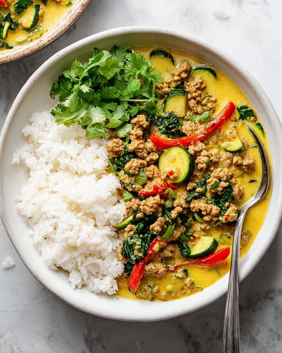 A white bowl filled with two main layers: on the right side, a heap of fluffy white rice with a silver spoon resting in it, and on the left side, a colorful curry made of ground meat, bright green zucchini slices, wilted dark green spinach, and thin red bell pepper strips, all in a creamy yellow sauce. On top of the curry and rice, there is a small bunch of fresh green cilantro leaves for garnish. The bowl is placed on a white marbled surface with a soft natural light. photo taken with an iphone --ar 4:5 --v 7