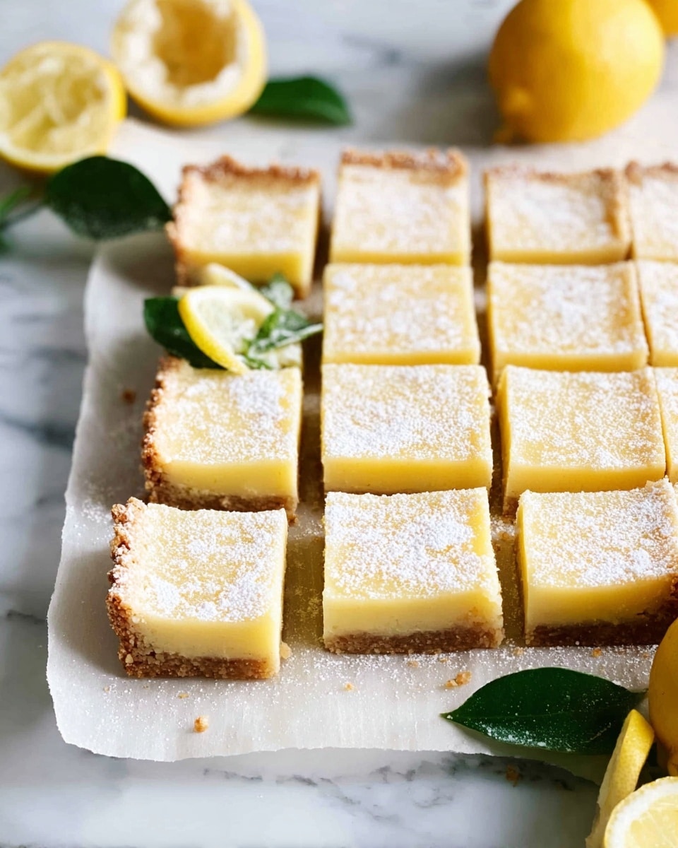 A square lemon tart is cut into 16 equal small squares laid on a piece of parchment paper. The tart has two layers: a thicker, crumbly light brown crust at the bottom and a smooth, pale yellow lemon filling on top, sprinkled lightly with powdered sugar and small spots of lemon zest. One square is slightly pulled out from the corner, held by a woman's hand, giving a clear view of the crust's crumbly texture. The tart rests on a white marbled surface with green leaves and a halved lemon in the softly blurred background. photo taken with an iphone --ar 4:5 --v 7