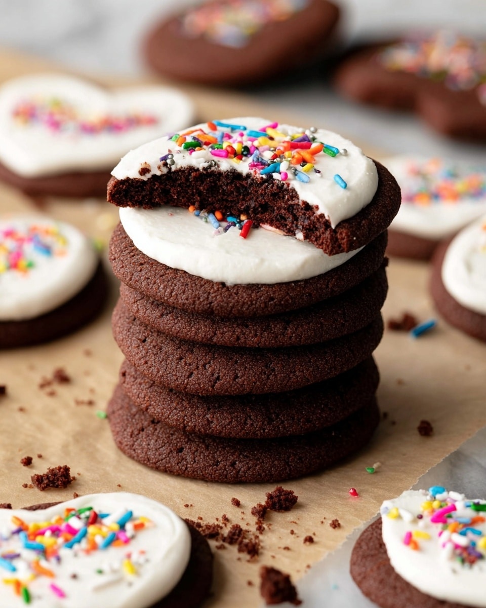 A stack of six dark brown, flat, round chocolate cookies sits on a white marbled surface, with the top cookie partially covered by a layer of smooth, white frosting that has colorful rainbow sprinkles scattered on it; this top cookie also has a bite taken from its edge, showing a dense, moist texture inside. Around the stack, there are more cookies, some with the same white frosting and sprinkles, including a heart-shaped one in the background and a partially eaten one in the foreground. Crumbs are scattered on the white marbled surface around the cookies, giving a casual and inviting feel. photo taken with an iphone --ar 4:5 --v 7