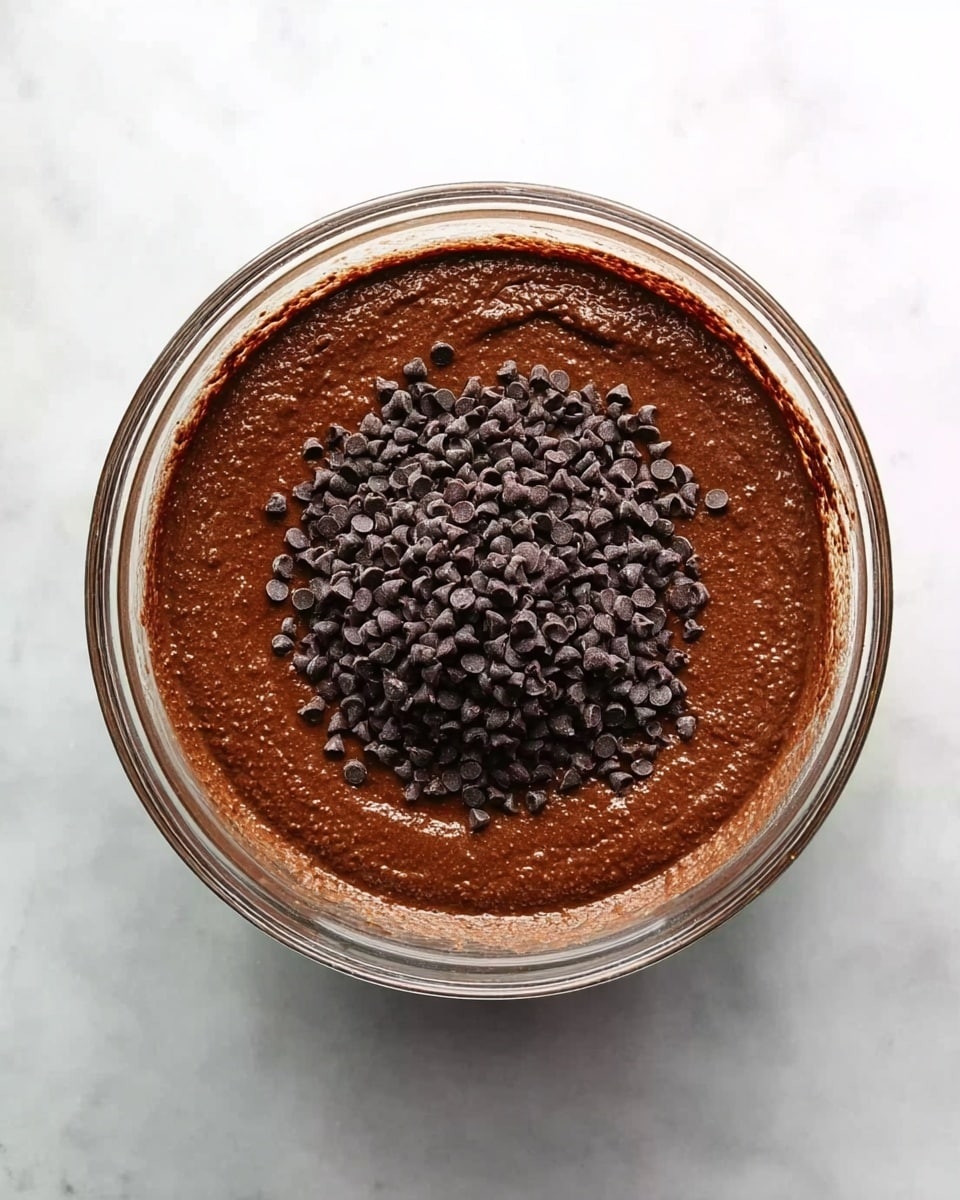 A clear glass bowl holds a deep brown chocolate batter with a smooth texture, topped in the center by a pile of small, dark chocolate chips. The bowl sits on a white marbled surface, and the batter fills the bowl almost to the edges, showing the rich thickness of the mixture. The chocolate chips contrast in color and texture, creating a visible mound that looks ready to be mixed in. Photo taken with an iphone --ar 4:5 --v 7