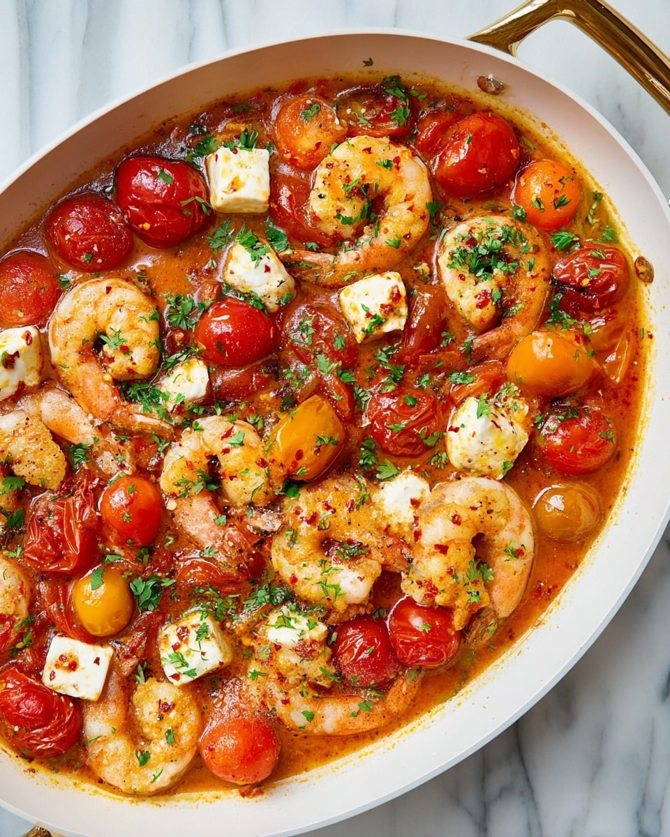 A white pan filled with cooked shrimp in a rich red-orange sauce, mixed with whole and soft cherry tomatoes in shades of red, yellow, and orange; scattered cubes of white cheese are melting in the sauce, and bright green chopped parsley is sprinkled on top for color contrast. The sauce looks oily and vibrant, covering the shrimp and vegetables evenly, with small flecks of red chili flakes and herbs spread throughout. The pan has long golden handles and sits against a white marbled surface, showing a fresh and appetizing seafood dish. Photo taken with an iphone --ar 4:5 --v 7