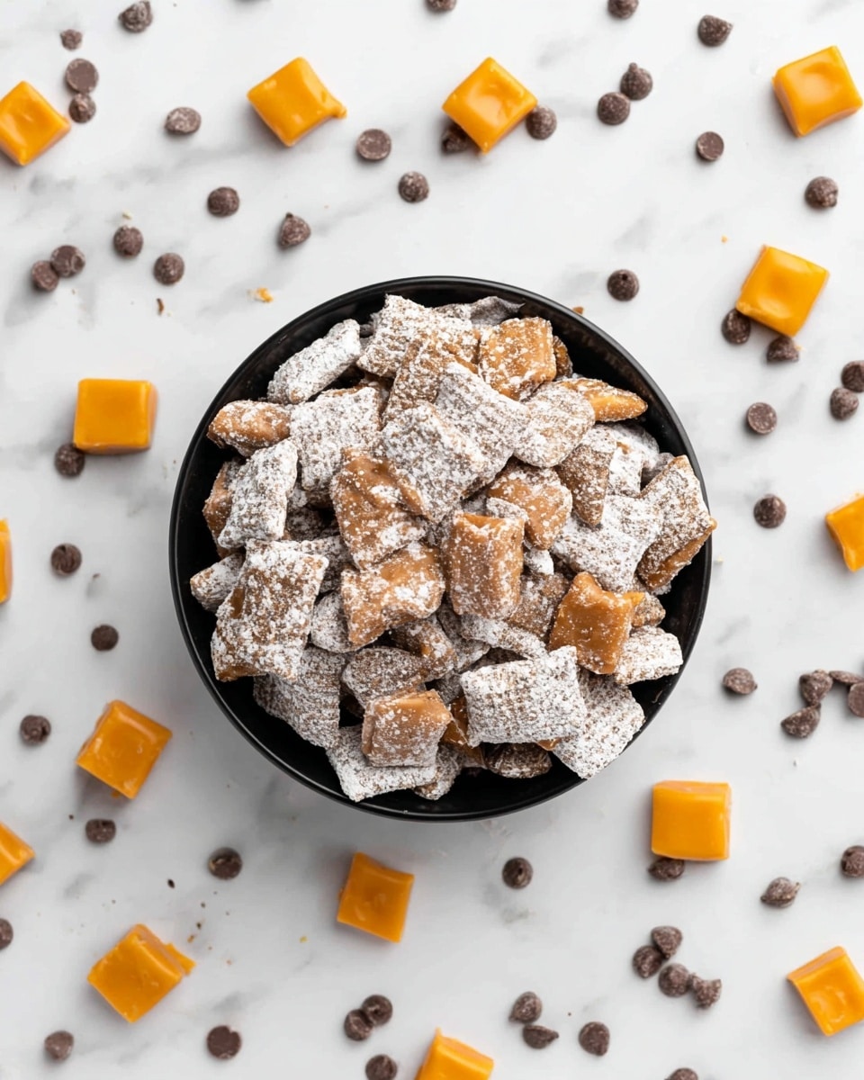 A black bowl filled with a mix of small, irregular pieces covered in white powdered sugar and mixed with chunks of caramel-colored candy, set on a white marbled surface. Around the bowl, there are scattered small dark brown chocolate chips and bright orange square candy pieces. The arrangement is neat, with the bowl centered and candies spread evenly around it. photo taken with an iphone --ar 4:5 --v 7