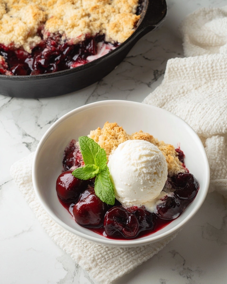 The dish shows one white bowl with a serving of two layers: a bottom layer of dark red cherry filling with whole cherries, looking juicy and glossy, and a top layer of golden brown biscuit crust with a slightly crumbly texture. On the side of the biscuit crust inside the bowl is a scoop of light cream-colored ice cream melting slightly onto the cherry layer. A fresh green mint leaf garnishes the ice cream, adding a pop of color. In the background, part of a black skillet filled with more of the cherry dessert topped with a similar golden biscuit crust is visible. The setting is on a white marbled surface with a textured white cloth nearby. photo taken with an iphone --ar 4:5 --v 7
