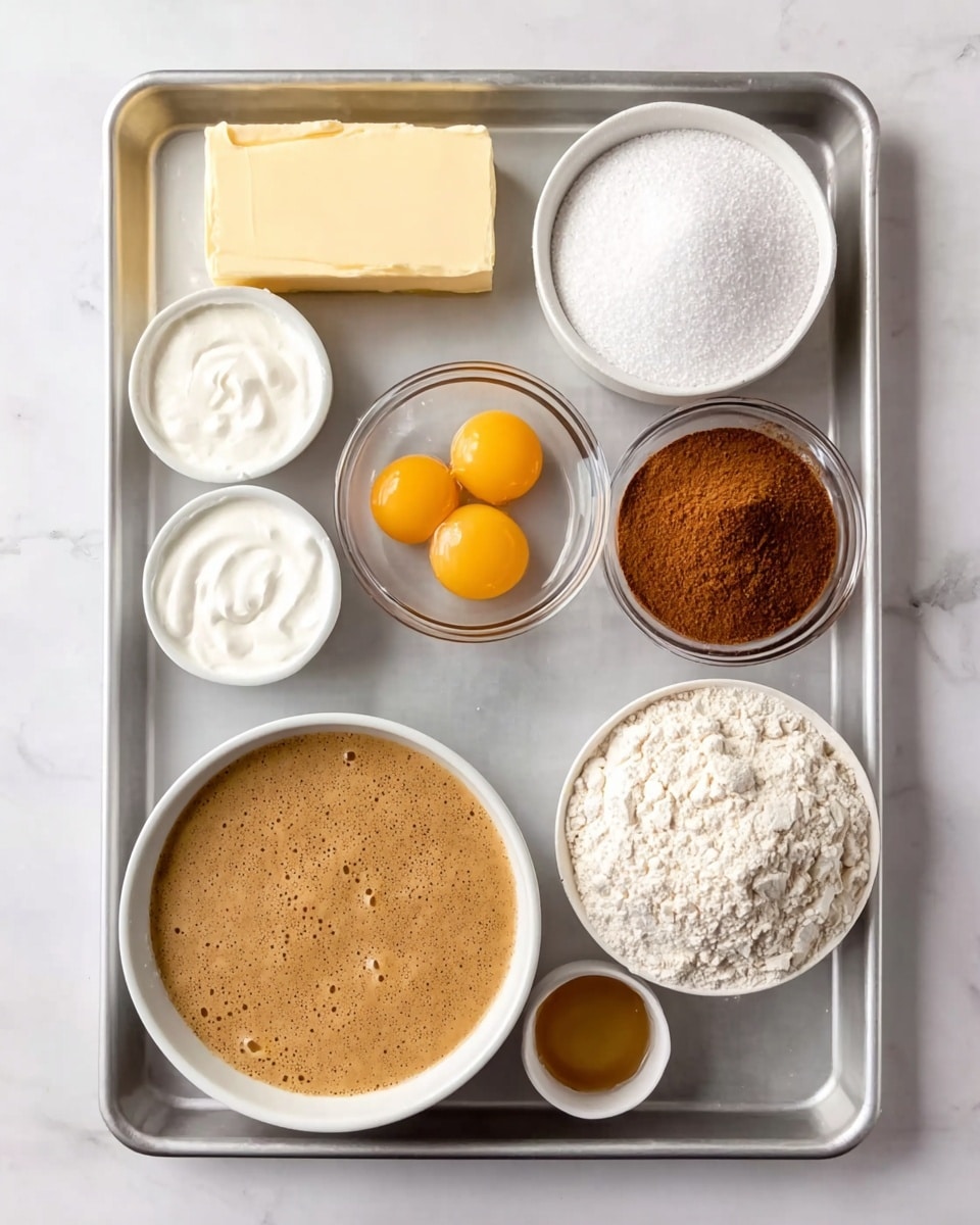A metal baking tray holds nine containers with different ingredients arranged neatly on a white marbled surface. In the top left corner, there's a rectangular block of pale yellow butter. Next to it, a round white bowl filled with fine white sugar. To its right, a slightly larger white bowl contains packed light brown sugar. Below the butter, a small clear glass bowl contains three raw eggs with bright yellow yolks. In the center, a medium-sized white bowl holds a thick, light brown batter with small bubbles on the surface. At the bottom left, a clear bowl filled with thick white yogurt sits beside a small white dish with a fine white powder, possibly baking soda or powder. A large white bowl filled with plain white flour is next to another small white bowl with a rich brown powder, likely cinnamon. Finally, a tiny white bowl sits near the bottom right corner with a small amount of clear brown liquid, probably vanilla extract. photo taken with an iphone --ar 4:5 --v 7