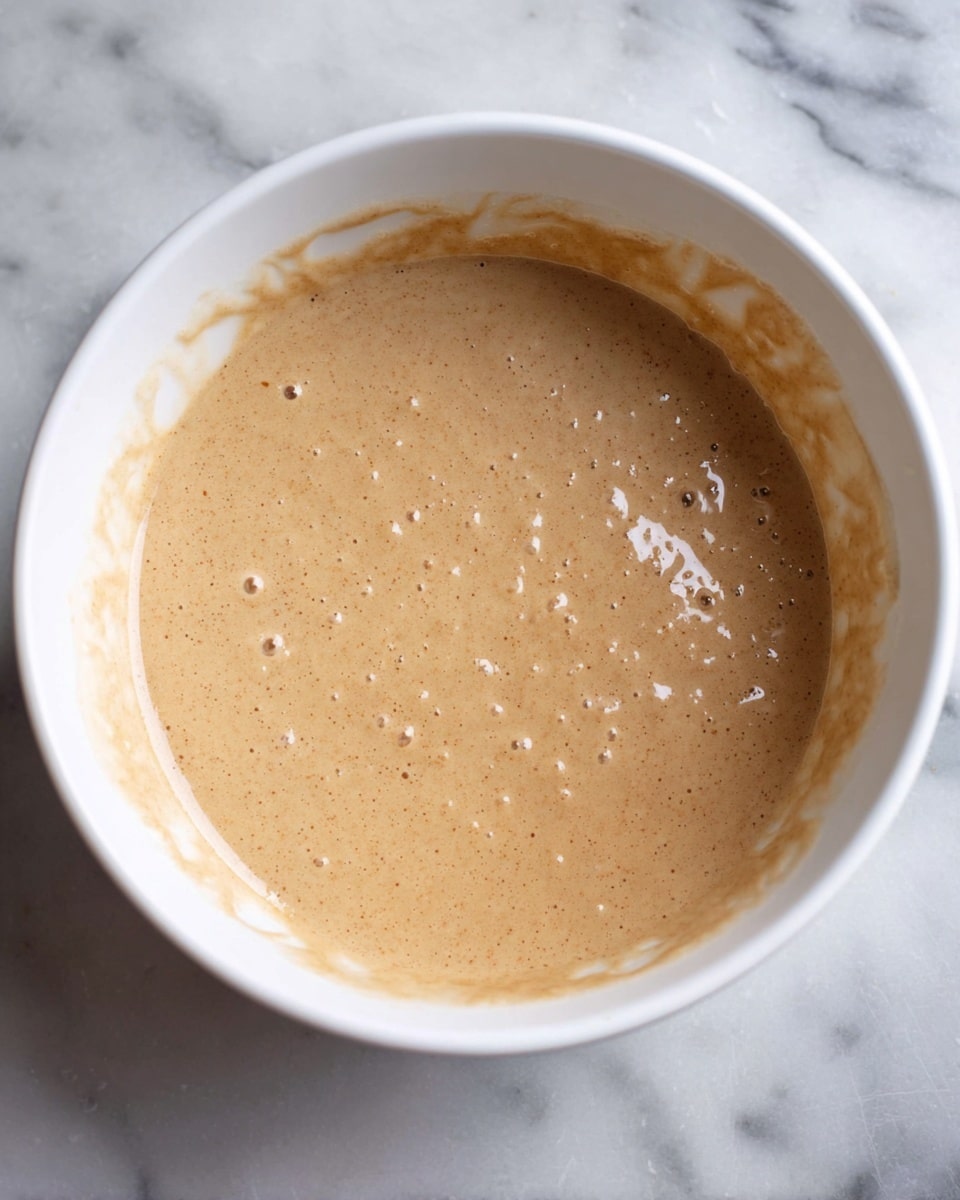 A close-up view of a white bowl filled with light brown, smooth batter that has small bubbles on the surface, showing a thick and creamy texture. The batter coats the edges of the bowl, with some splashes around the rim. The bowl is placed on a white marbled surface, highlighting the batter's color and texture clearly. photo taken with an iphone --ar 4:5 --v 7