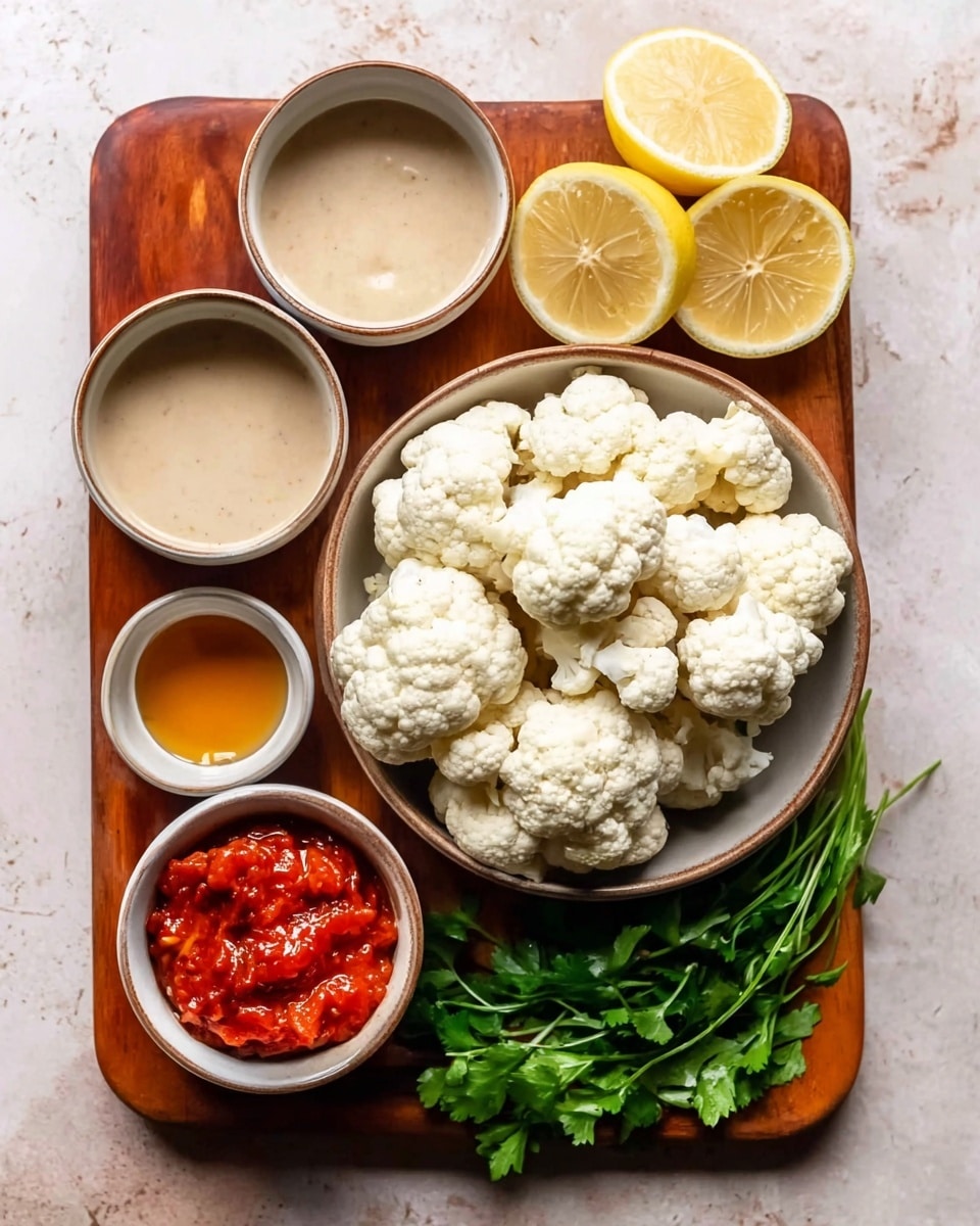 The image shows a wooden cutting board on a white marbled surface with five small white bowls arranged on it. The largest bowl at the bottom center is filled with white cauliflower florets, showing a rough and bumpy texture. Near the top left, a bowl holds a smooth beige tahini sauce. To the right of it, a bowl contains two lemon halves with bright yellow, juicy interiors. Below this, a bowl is filled with a chunky red sauce with visible bits. Adjacent to the cauliflower bowl and near the bottom left, a small bowl contains golden honey with a shiny liquid texture. In the center of the cutting board, fresh green herbs lay flat, adding a pop of color. Photo taken with an iphone --ar 4:5 --v 7