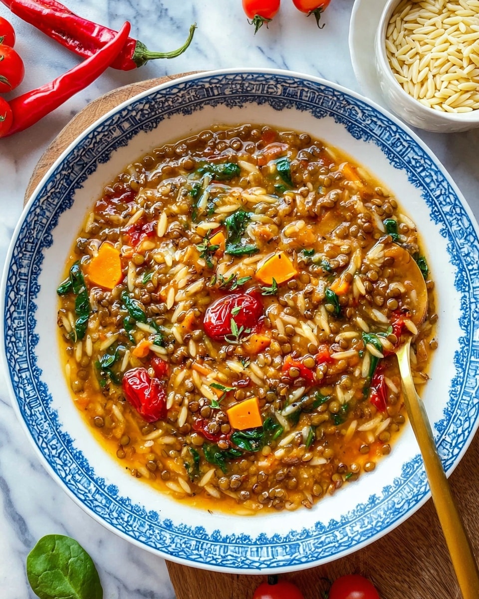 A bowl of lentil and orzo soup sits in a white bowl with a blue decorative rim, showing a thick mixture with three main visible layers: small brown lentils evenly spread throughout, yellow-orange diced carrots scattered around, and red cherry tomato halves adding bright contrast; visible green spinach leaves add a fresh texture on top, all mixed in a warm, rich broth. A golden spoon rests on the right side of the bowl, partially submerged in the soup. The bowl is placed on a white marbled surface with some red chili peppers and cherry tomatoes near the top left, and a small white bowl filled with uncooked orzo is placed nearby on the right. Photo taken with an iphone --ar 4:5 --v 7
