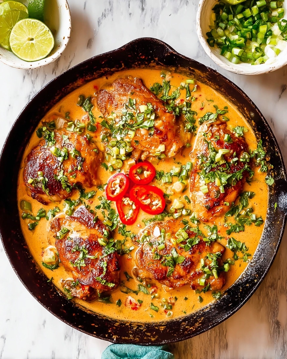 A black pan holds four browned chicken pieces gently cooked in a rich, creamy orange sauce. The sauce is thick and smooth, filling the pan around and under the chicken. Bright green herbs and chopped scallions are sprinkled over the top, adding fresh green color. Thin red chili slices sit in the center, providing a contrasting bright red layer. The pan rests on a white marbled surface, with a small white bowl filled with chopped green onions and half a lime placed nearby. Photo taken with an iphone --ar 4:5 --v 7