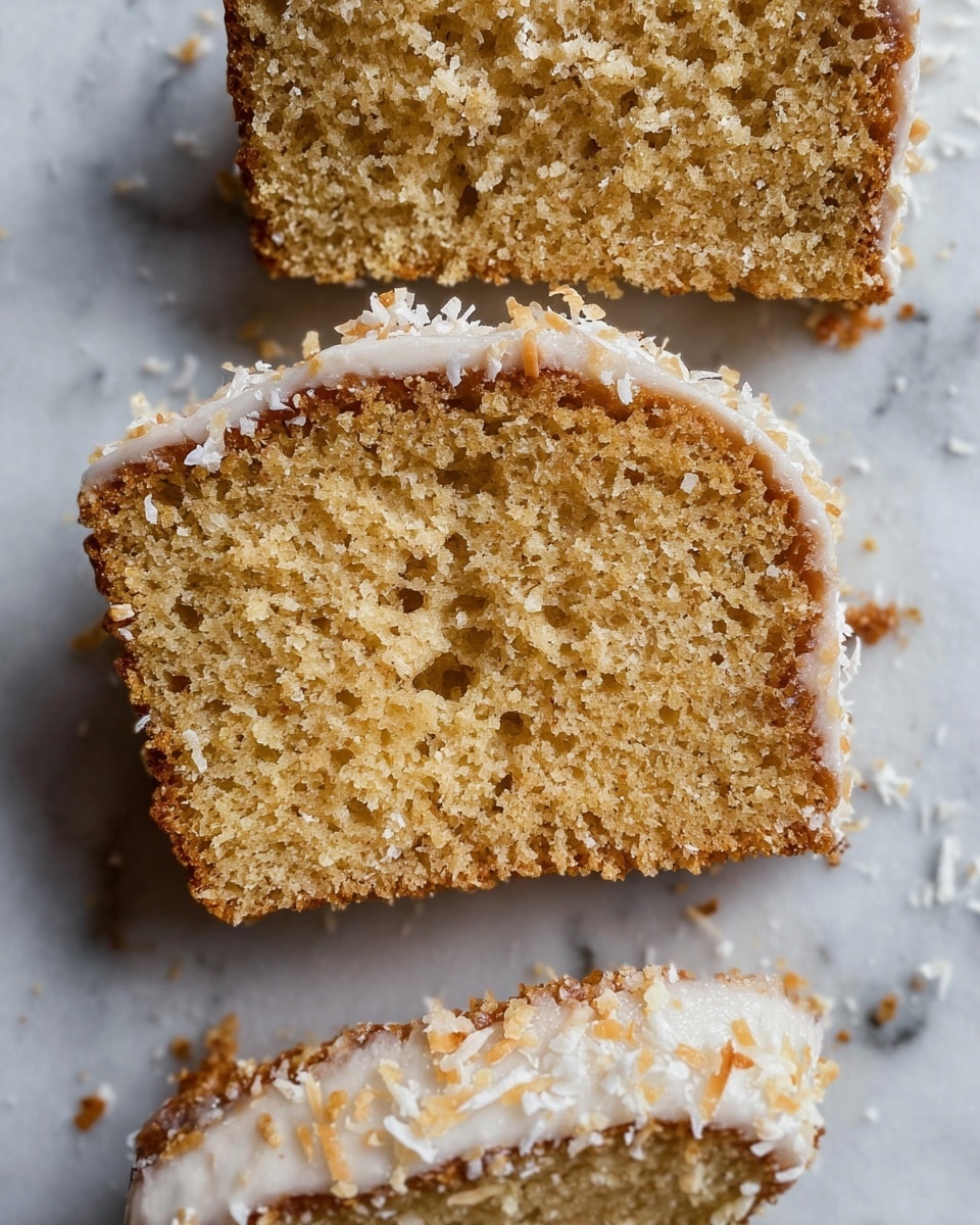 The image shows three slices of a crumbly, light brown cake with a rough texture. Each slice has a thin outer layer of white icing mixed with shredded coconut, giving a slightly rough appearance around the edges. The cake's inside looks moist and soft with small air pockets visible. The slices are placed directly on a white marbled surface with some crumbs and bits of coconut scattered around. photo taken with an iphone --ar 4:5 --v 7