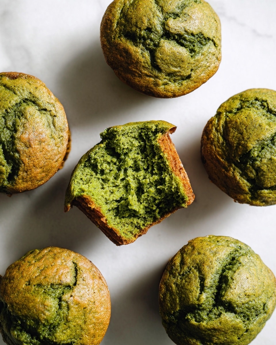 The image shows six green muffins placed on a white marbled textured surface. Five of the muffins are whole with slightly cracked tops, showing a browned green crust, while the muffin in the center is broken in half to reveal a soft, moist, and crumbly green interior. The muffins have a rough texture with uneven tops, and the green color varies slightly in shade, blending from lighter to darker green. The overall arrangement is casual with the muffins spaced apart. photo taken with an iphone --ar 4:5 --v 7