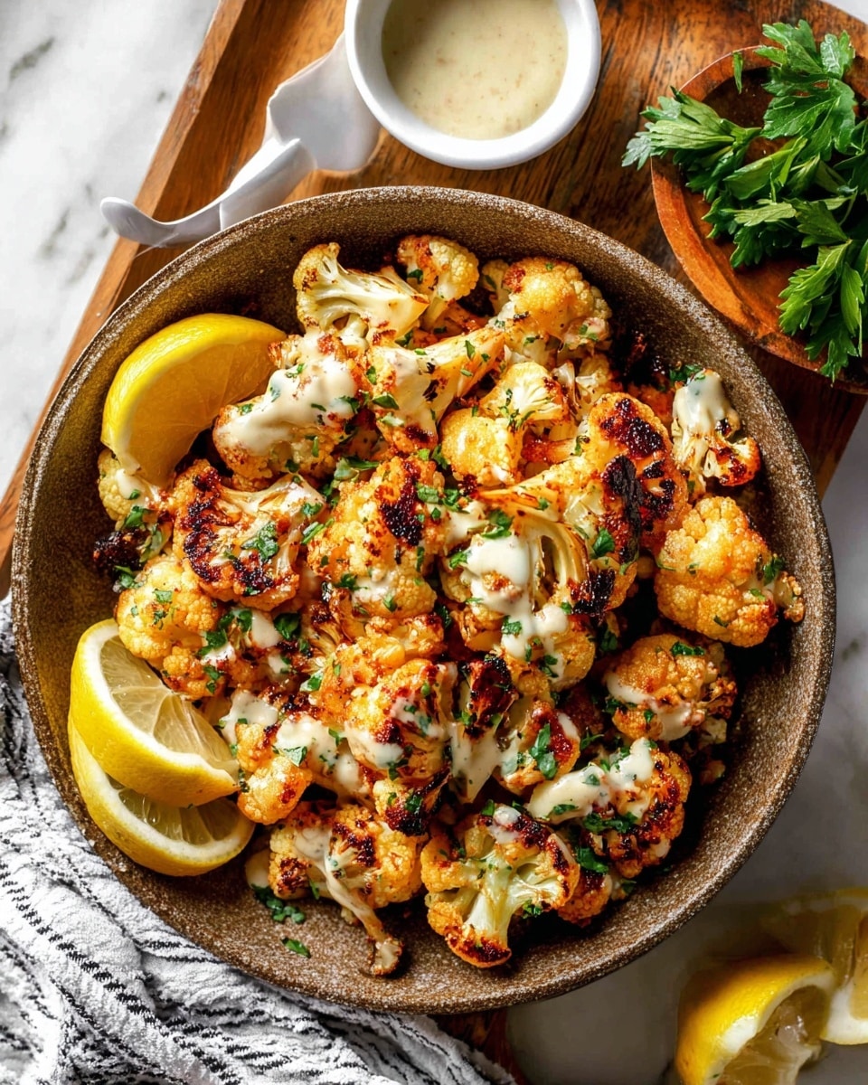 A rustic bowl filled with roasted cauliflower pieces, each floret showing a golden-brown color with some charred edges, layered with a light drizzle of creamy sauce and sprinkled with fresh green chopped herbs. Two lemon halves rest on the sides inside the bowl, adding bright yellow tones. The bowl sits on a white marbled surface with a wooden board partially visible at the top, along with a small white dish containing a light sauce. A leafy green herb garnish is placed near the top right of the bowl, and a white and black striped cloth is partially seen in the bottom left corner of the image. photo taken with an iphone --ar 4:5 --v 7