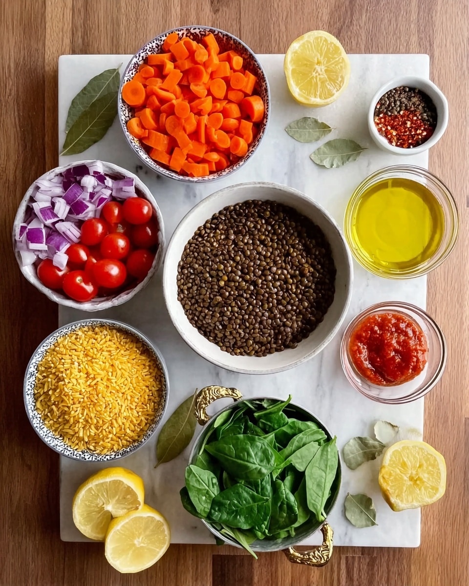 The image shows multiple small white bowls arranged neatly on a white marbled surface, each holding different ingredients. In the center is a white bowl filled with cooked lentils, dark brown and slightly textured. Around it are bowls of cut small orange carrots, bright red cherry tomatoes, finely diced purple onions, coarse yellow rice, bright green spinach leaves in a white bowl with gold handles, red chili flakes, dollops of thick tomato paste in a small clear bowl, bright yellow cooking oil, two cut yellow lemon halves, and two green bay leaves resting on the surface. The colors are vibrant, and the presentation is clean and organized with clear separation between each ingredient. photo taken with an iphone --ar 4:5 --v 7
