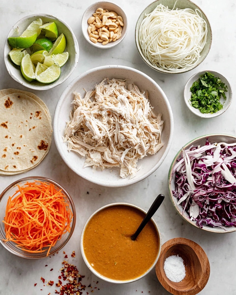 Several bowls and plates are arranged on a white marbled surface, holding fresh ingredients for a meal. In the center, a white bowl is filled with shredded pale chicken. To its top left, a small white bowl contains lime wedges with a bright green color. To the right, a small white bowl holds chopped green herbs. Next to it, on the right, a white bowl contains thin white noodles. Below the herbs is a white bowl filled with shredded cabbage, both white and purple. To the bottom left, a clear bowl is full of finely shredded orange carrots. In the foreground, two white tortillas with browned spots rest on the surface. A white bowl with two green rings filled with a smooth, orange sauce sits slightly overlapping the tortillas, with a black spoon inside. Nearby, a wooden bowl contains white coarse salt, and a halved lime lays near it. Small bits of red chili flakes and crushed peanuts are scattered around. photo taken with an iphone --ar 4:5 --v 7